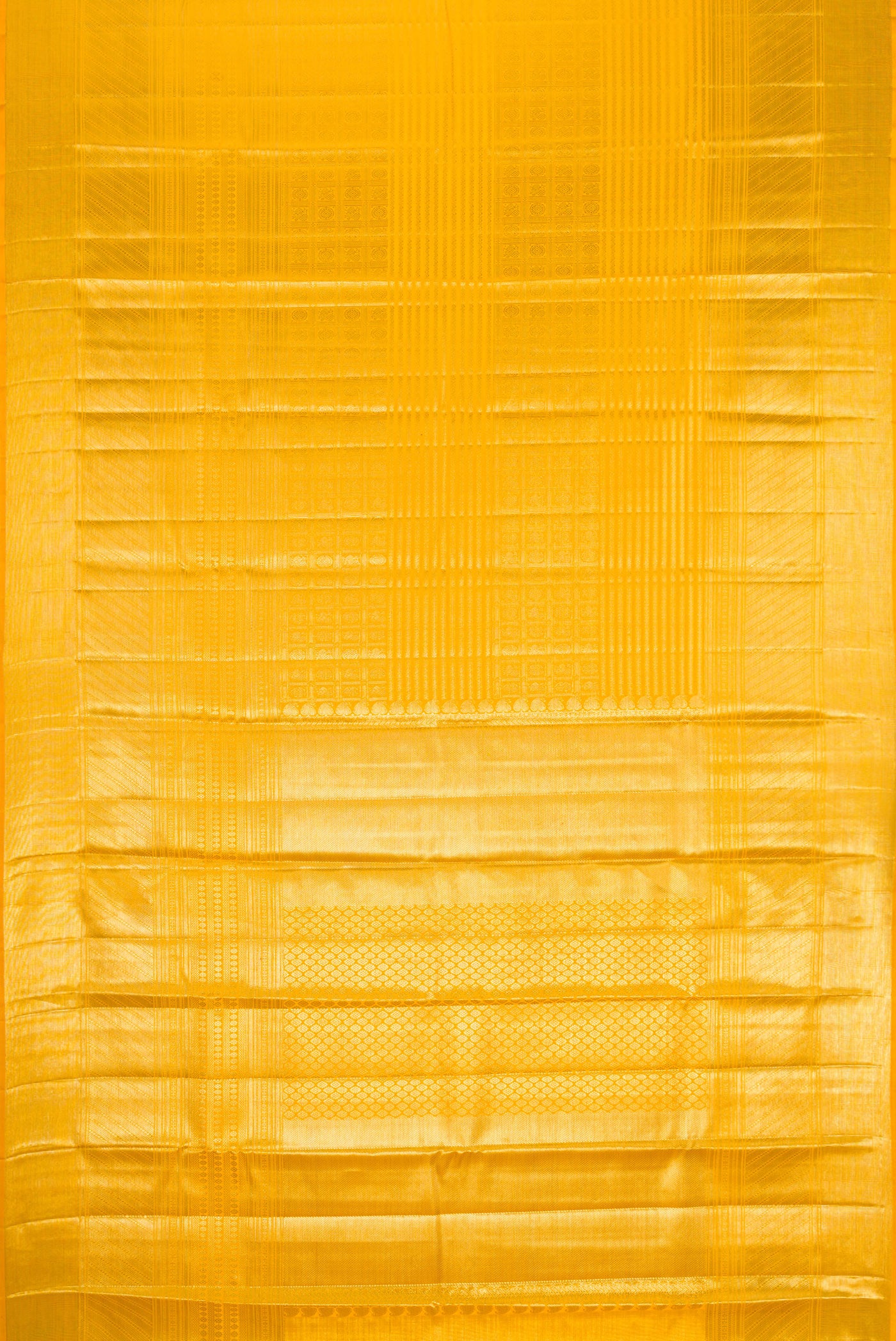 Flat view of Yellow Dual Tone Kanjivaram Silk Saree with Zari Brocade on the body and Zari Border. 