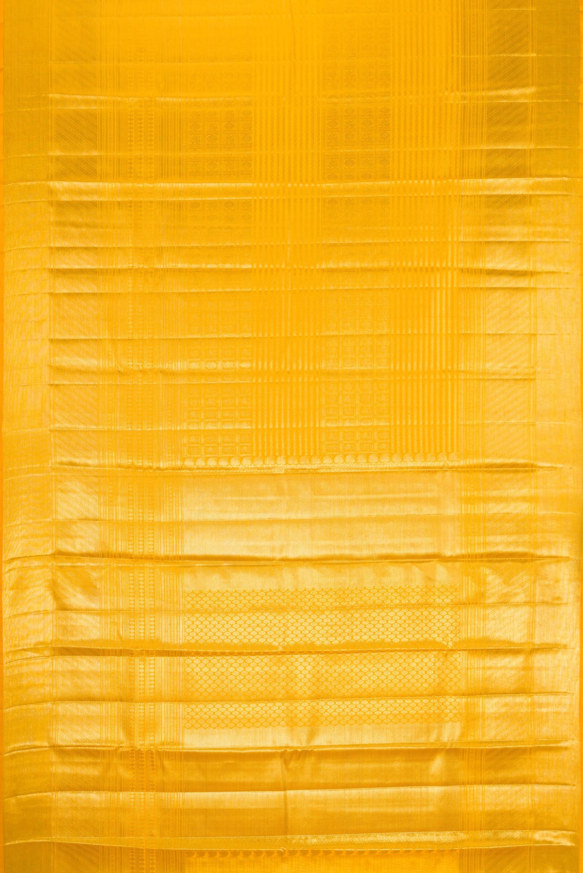 Flat view of Yellow Dual Tone Kanjivaram Silk Saree with Zari Brocade on the body and Zari Border. 