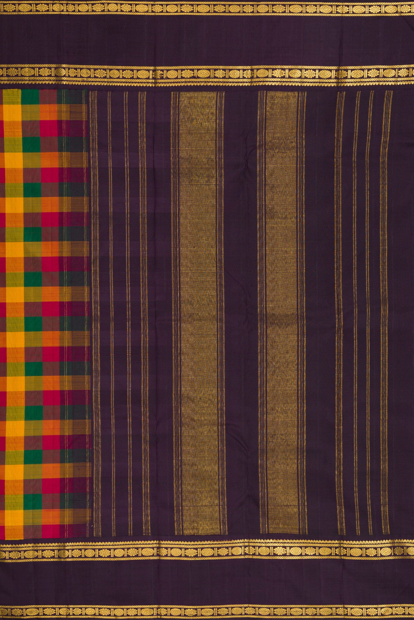 Close up image of the pallu of Pure Silk Pure Zari Green, Yelloe and Maroon Color Kanjivaram Saree with Checked design on the body and Zari Border. 