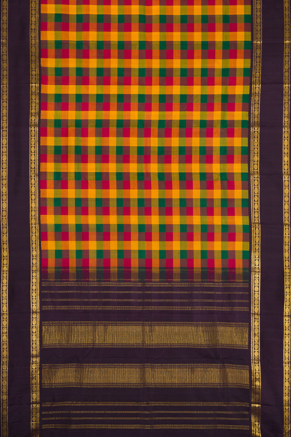 Flat view of Pure Silk Pure Zari Green, Yelloe and Maroon Color Kanjivaram Saree with Checked design on the body and Zari Border. 