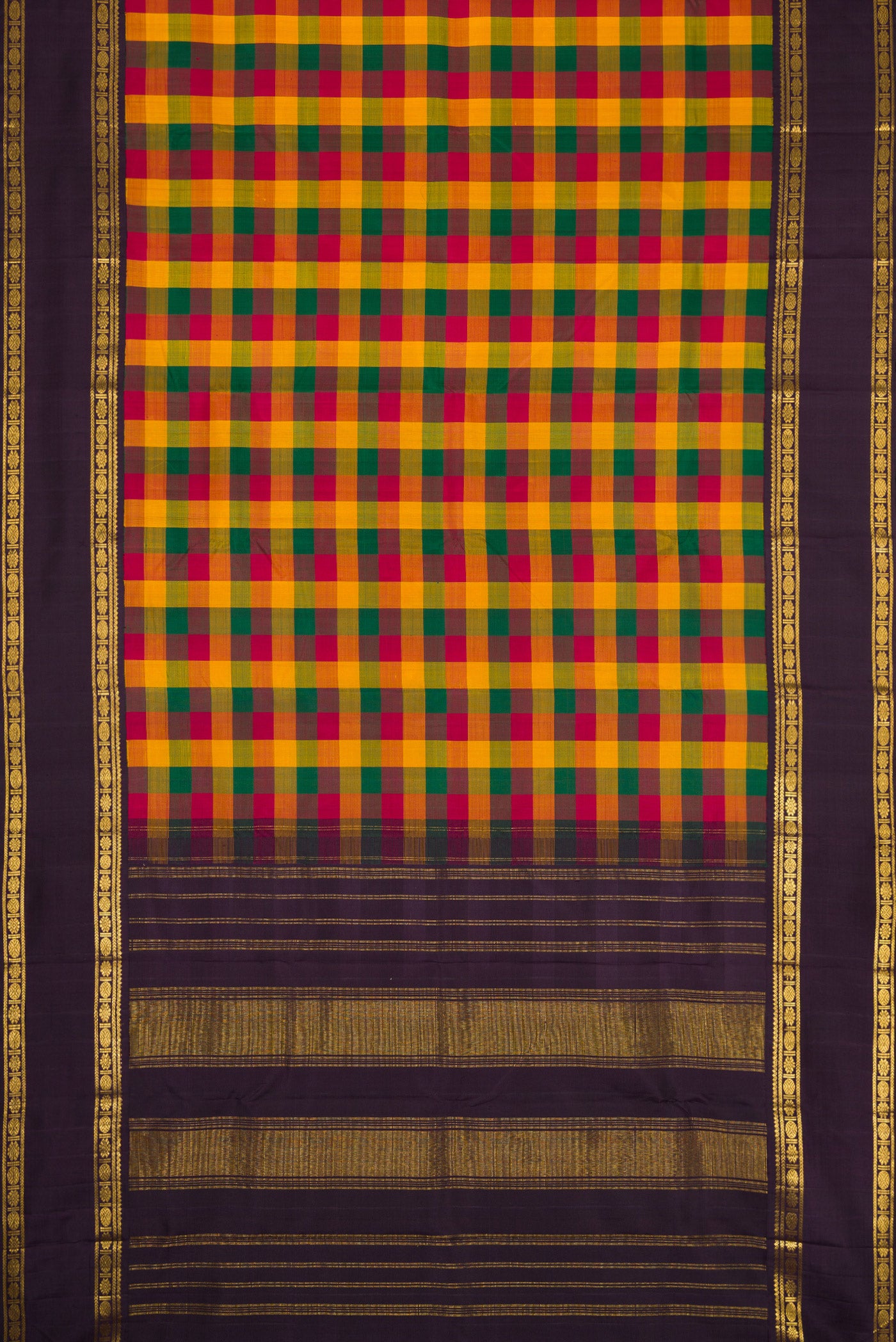 Flat view of Pure Silk Pure Zari Green, Yelloe and Maroon Color Kanjivaram Saree with Checked design on the body and Zari Border. 