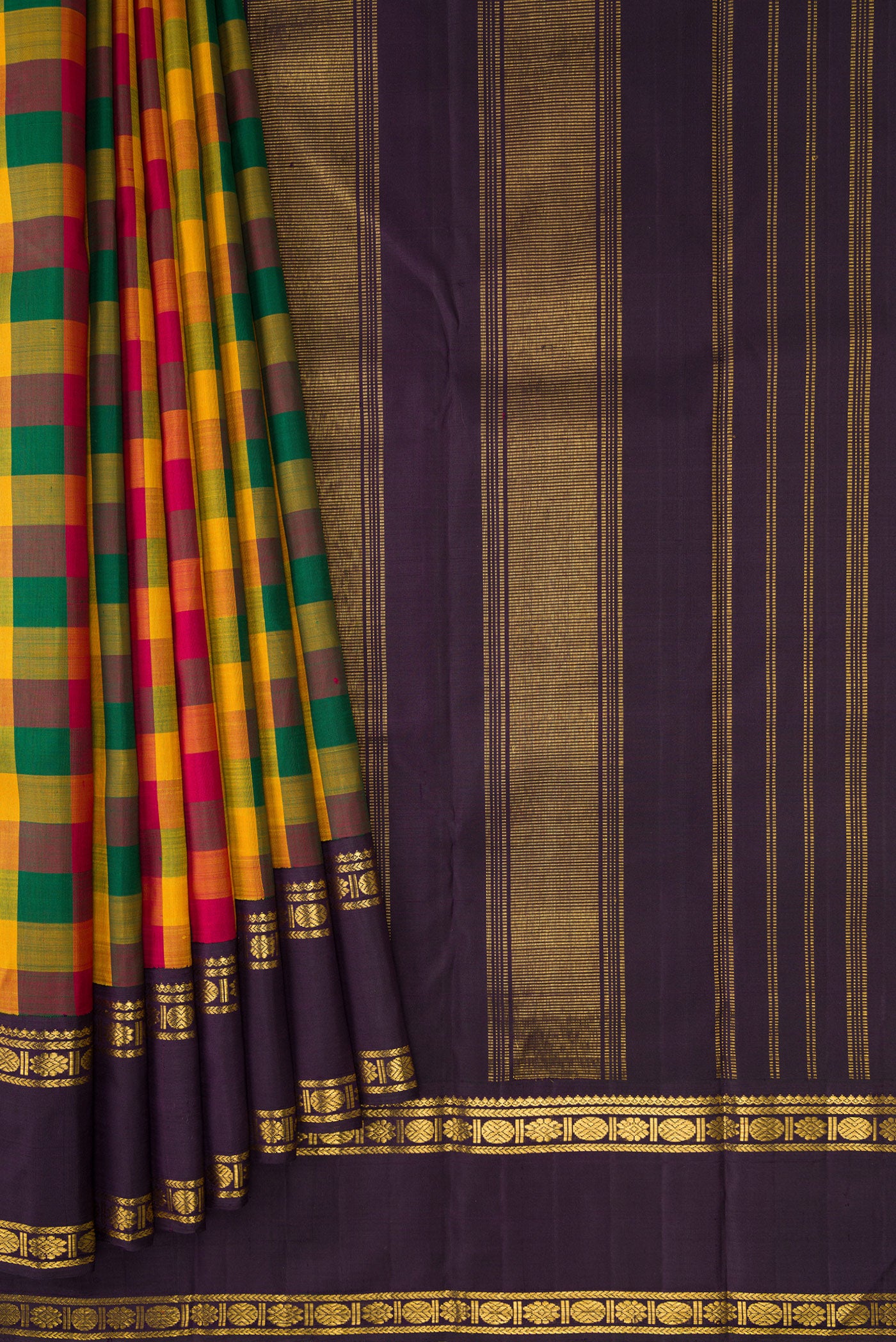 Pleats and pallu of Pure Silk Pure Zari Green, Yelloe and Maroon Color Kanjivaram Saree with Checked design on the body and Zari Border. 