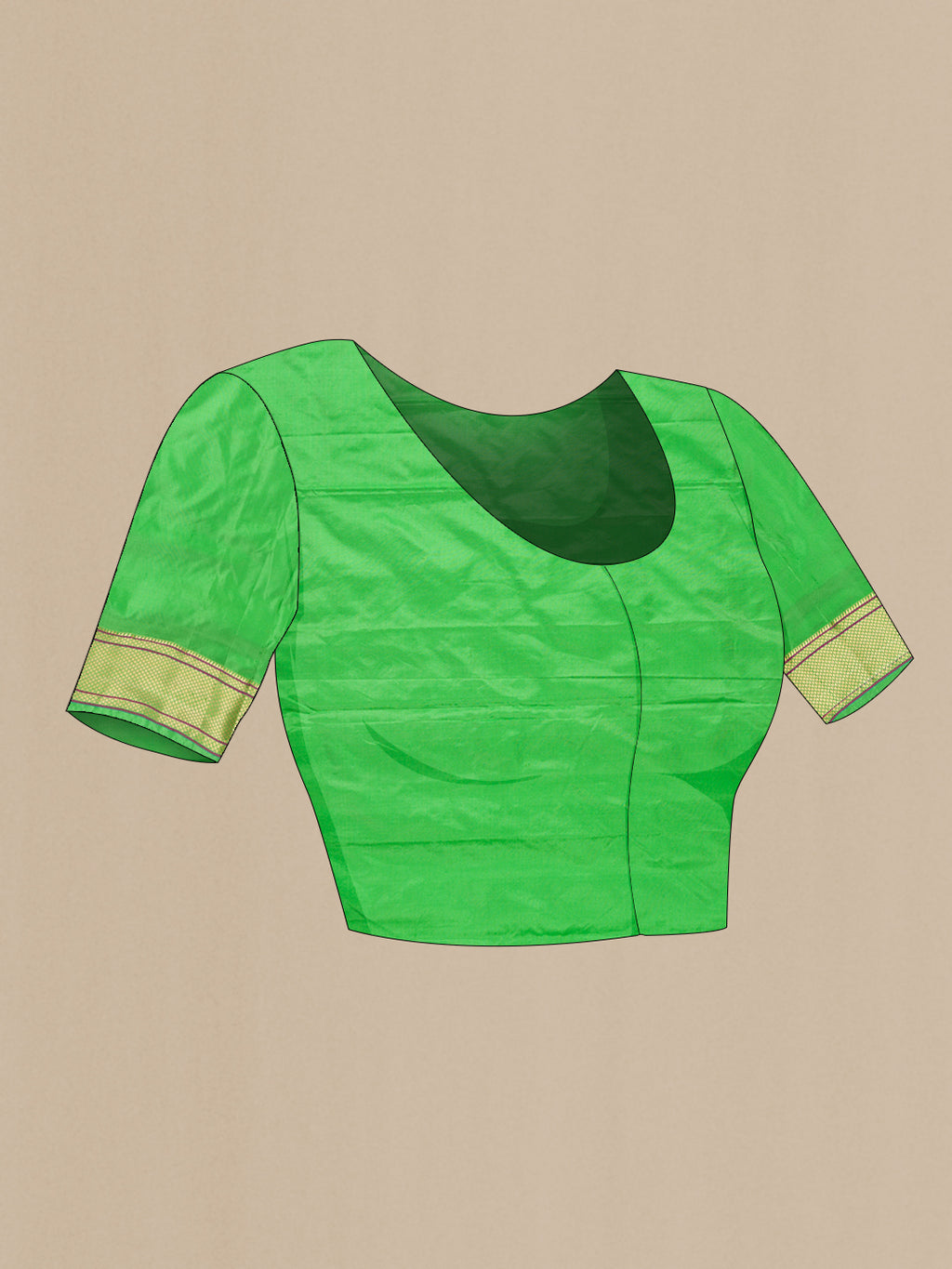 Close up image of the blouse of Parrot Green Dual Tone Blended Paithani Silk Saree with Zari Butta on the body and Paithani Border. 