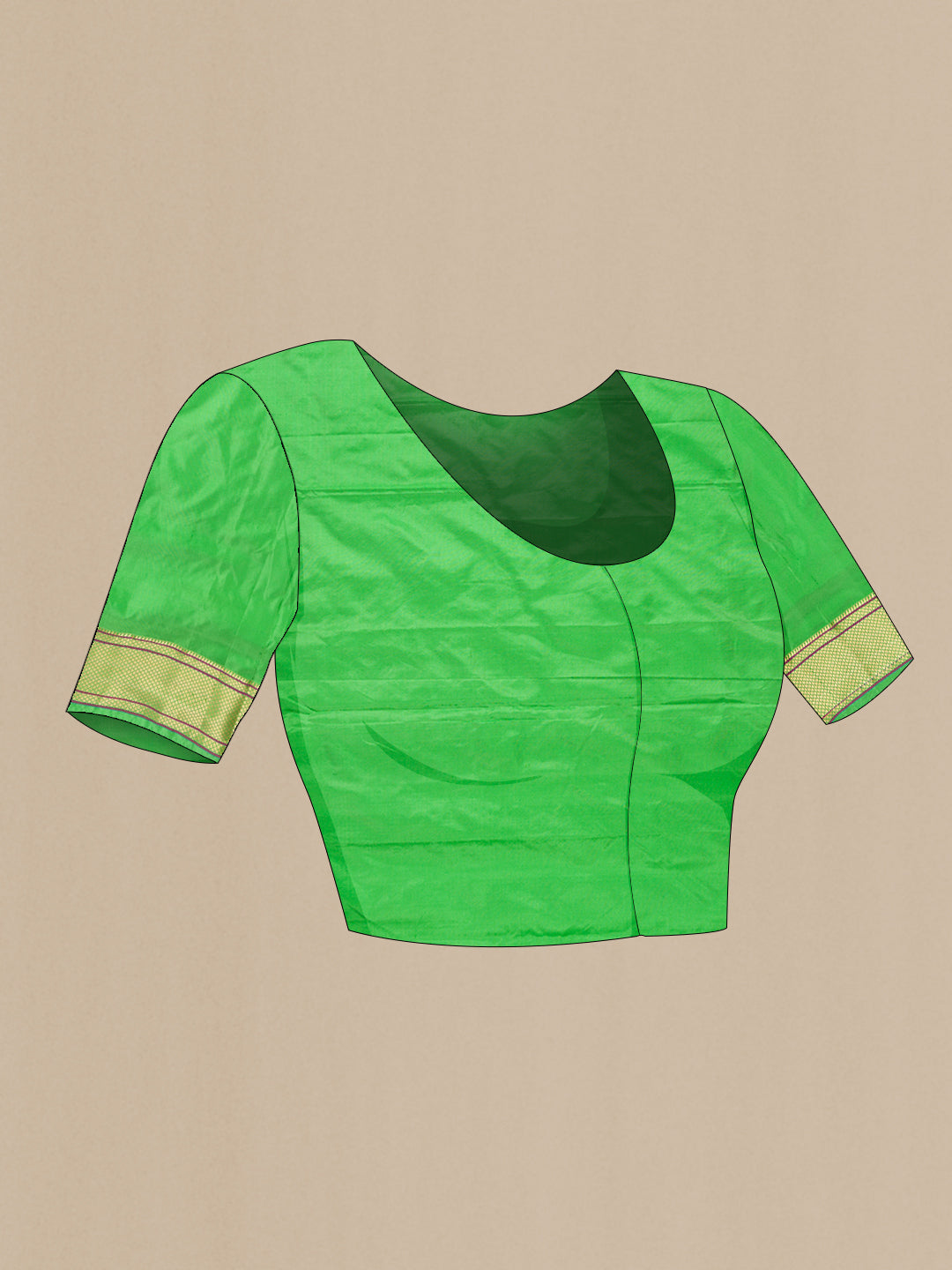 Close up image of the blouse of Parrot Green Dual Tone Blended Paithani Silk Saree with Zari Butta on the body and Paithani Border. 