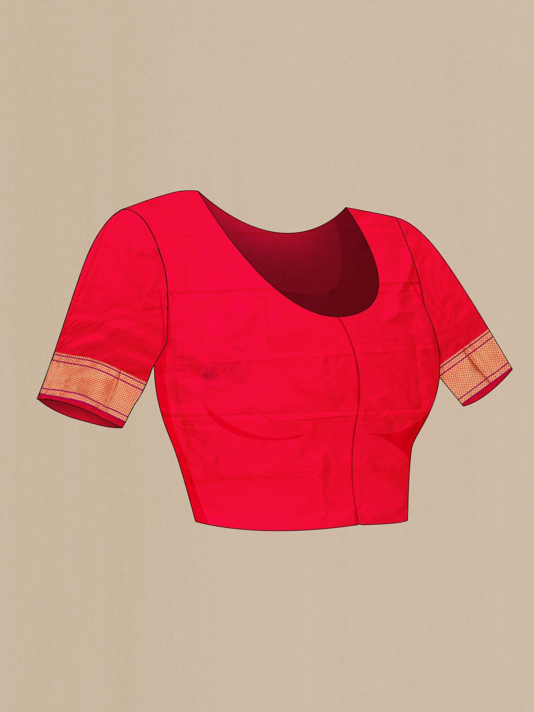 Close up image of the blouse of Red Dual Tone Blended Paithani Silk Saree with Zari Butta on the body and Zari Border. 