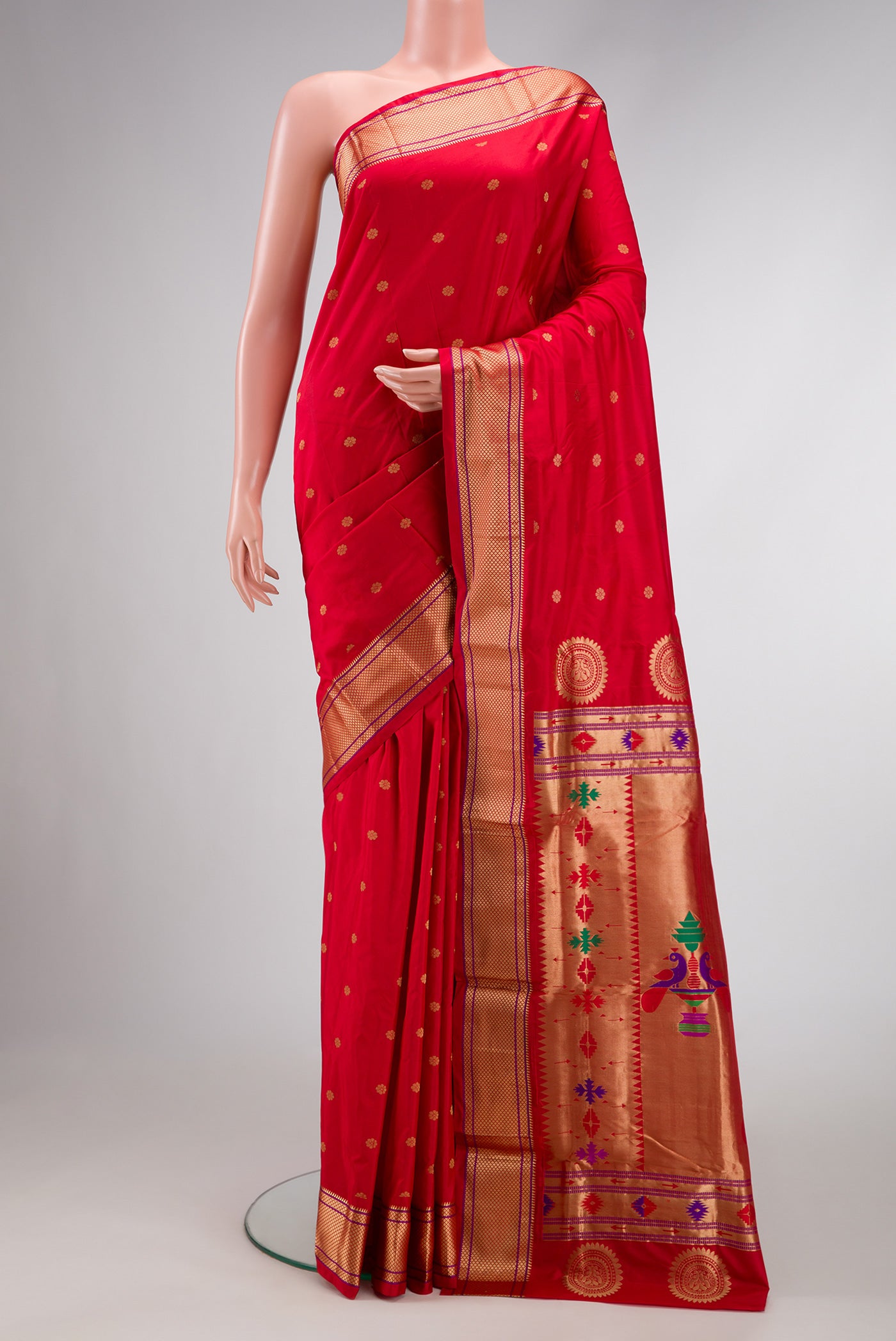 Red Dual Tone Blended Paithani Silk Saree with Zari Butta on the body and Zari Border.  displayed on a mannequin