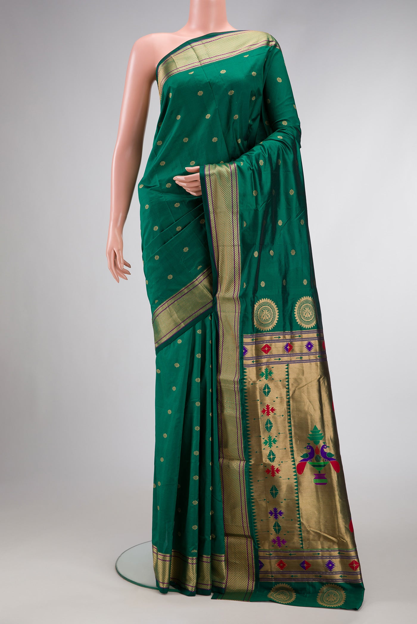Green Dual Tone Blended Paithani Silk Saree with Zari Butta on the body and Zari Border.  displayed on a mannequin