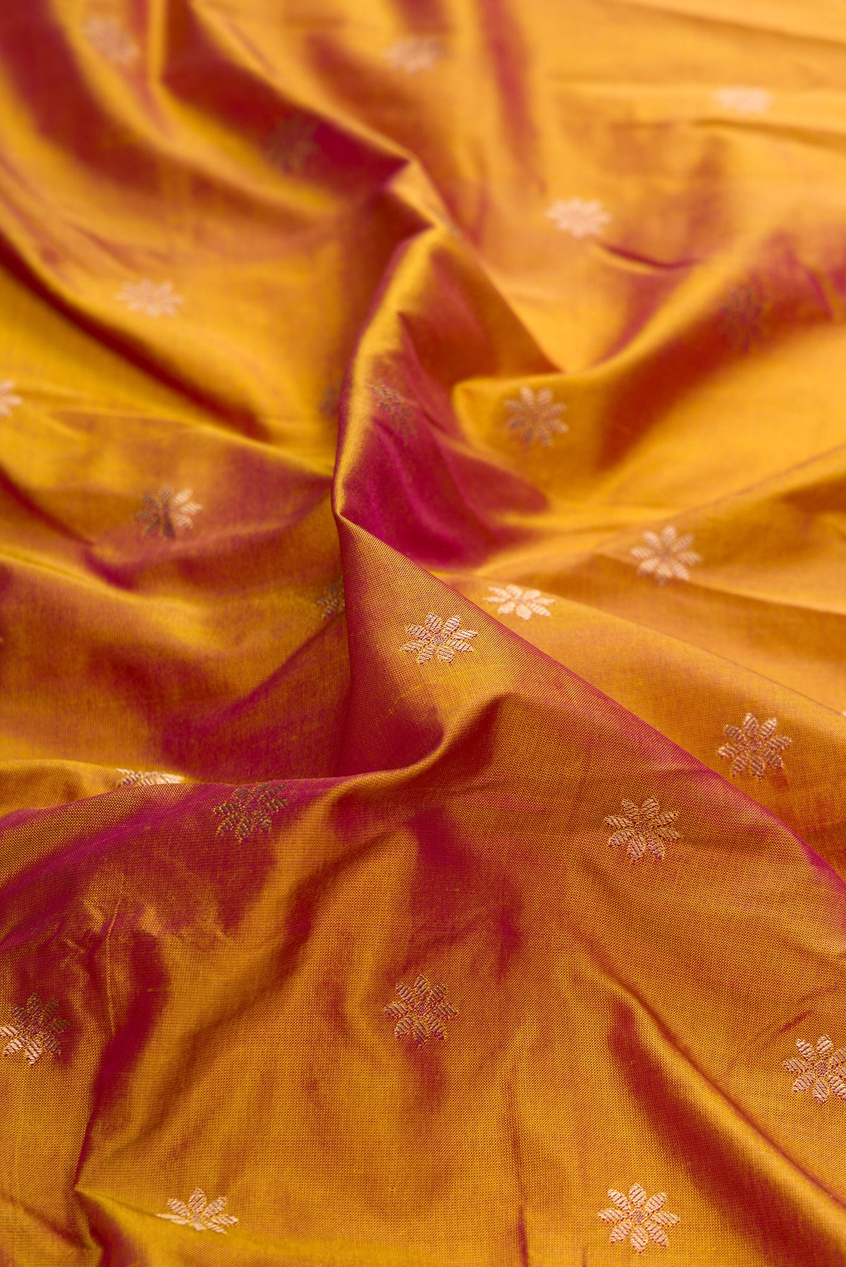 Close up of Mehandi Green Dual Tone Paithani Silk Saree with Zari Butta on the body and Paithani Border.  displaying folds