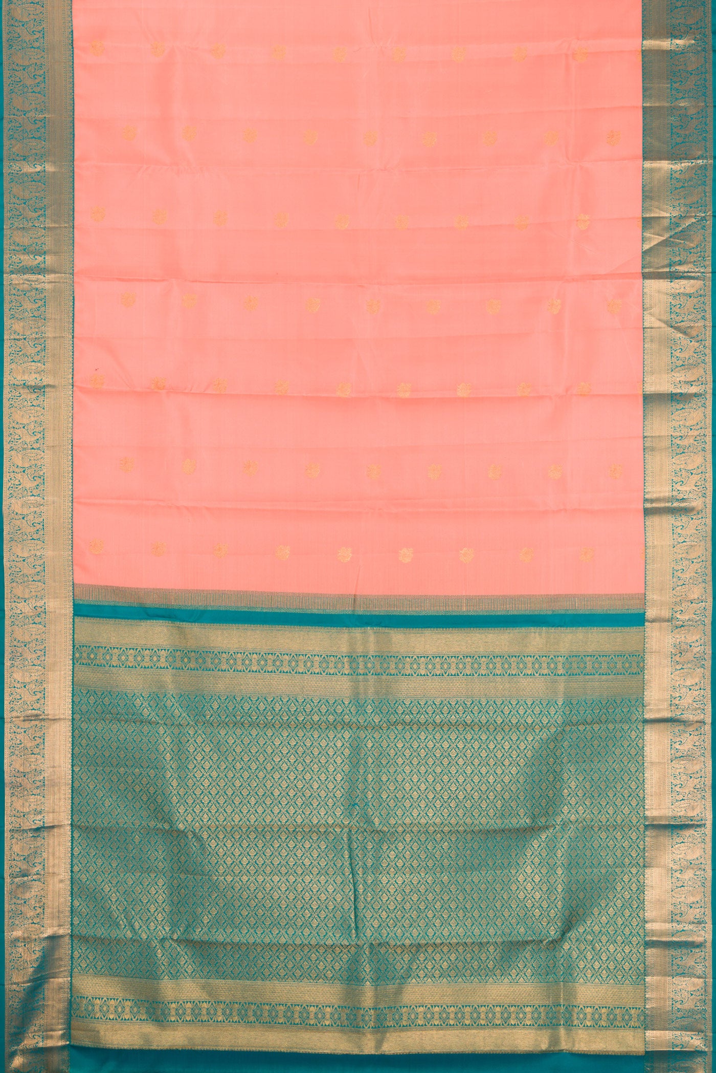 Flat view of Peach Kanchipuram Silk Saree with Zari Butta on the body and Zari Border. 