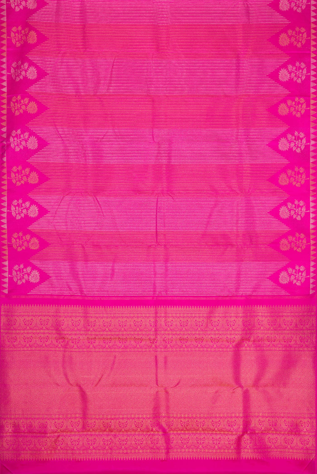 Flat view of Pink Dual Tone Kanjivaram Silk Saree with Stripes on the body and Fancy Border. 