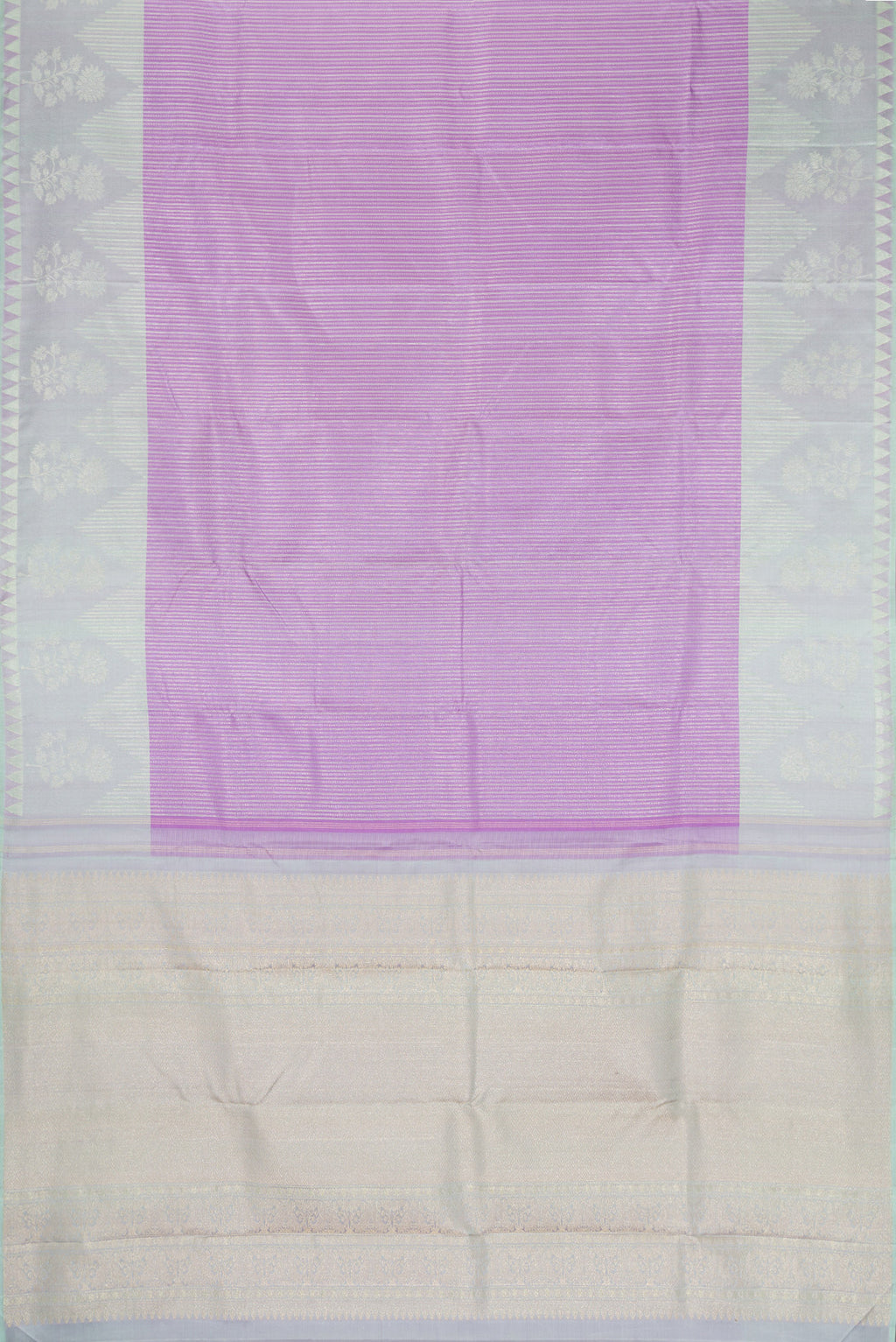 Flat view of Lavender Dual Tone Kanjivaram Silk Saree with Stripes on the body and Zari Border. 