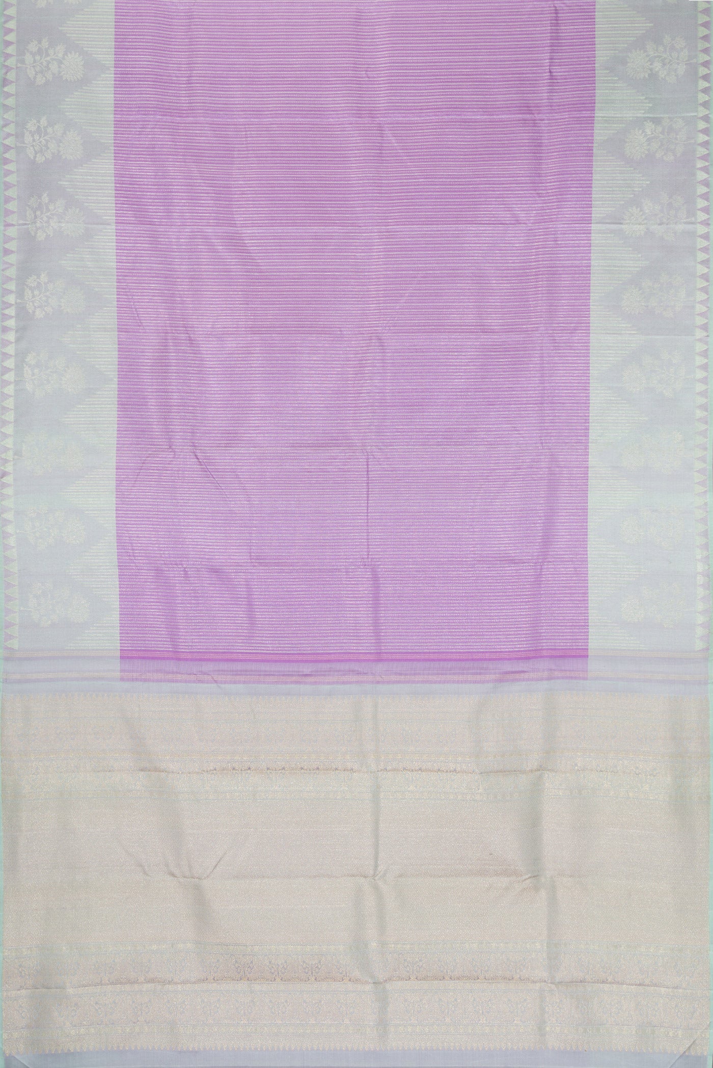 Flat view of Lavender Dual Tone Kanjivaram Silk Saree with Stripes on the body and Zari Border. 