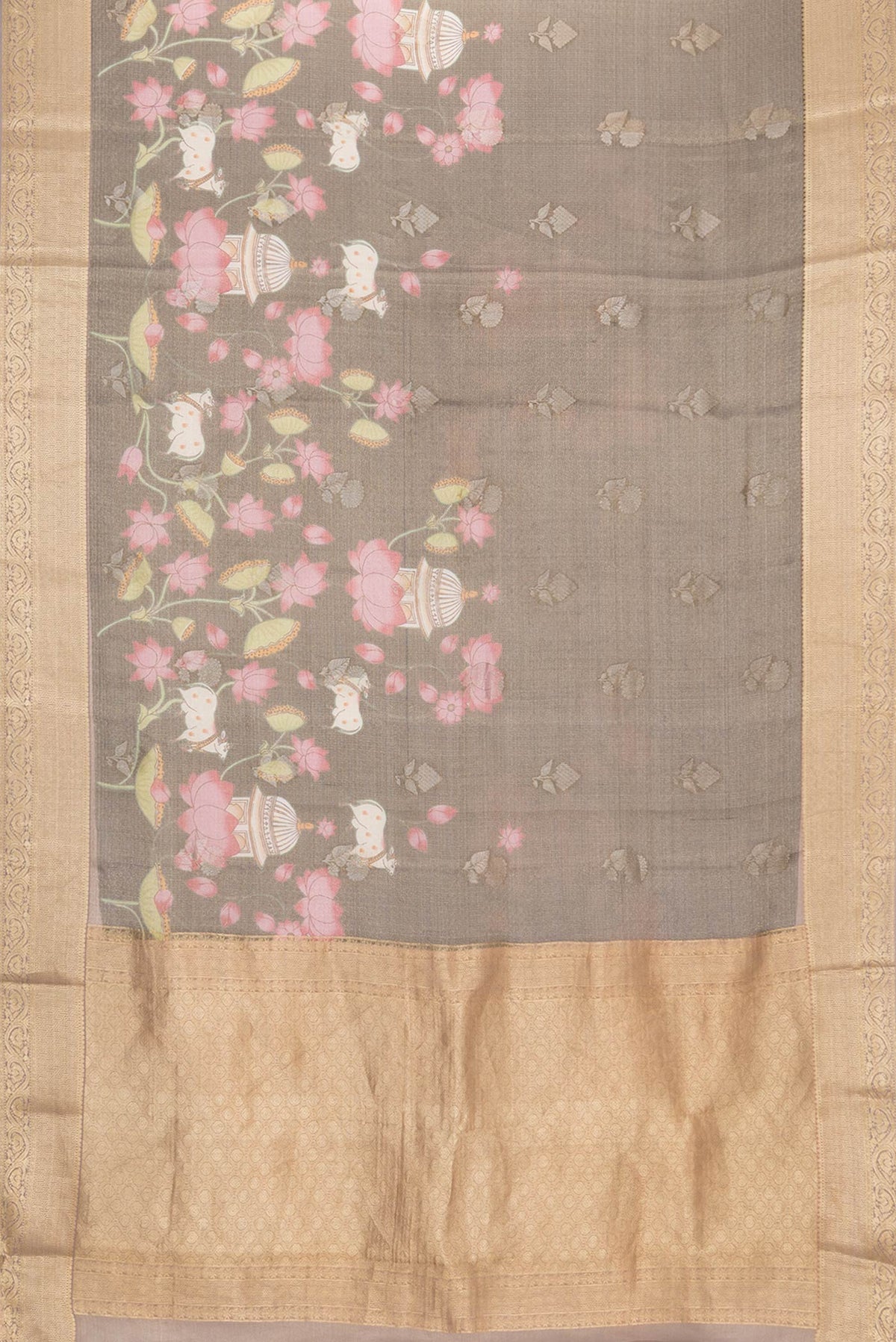 Flat view of Brown Dual Tone Mysore Silk Saree with Zari Brocade on the body and Zari Border. 