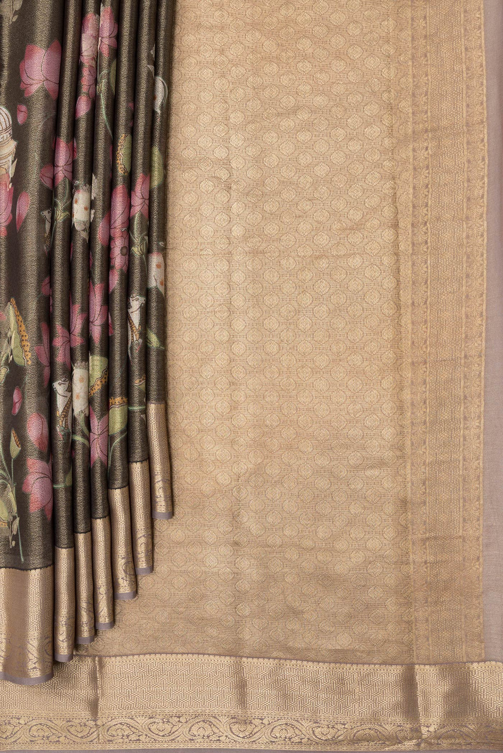 Pleats and pallu of Brown Dual Tone Mysore Silk Saree with Zari Brocade on the body and Zari Border. 
