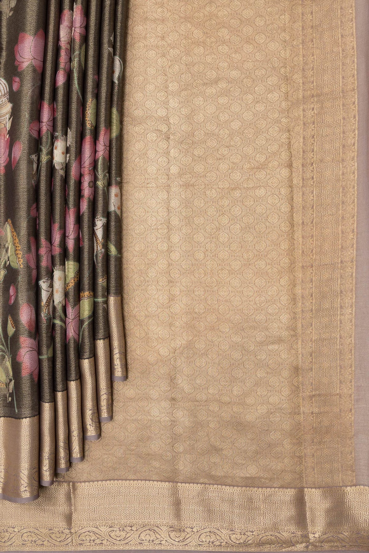 Pleats and pallu of Brown Dual Tone Mysore Silk Saree with Zari Brocade on the body and Zari Border. 