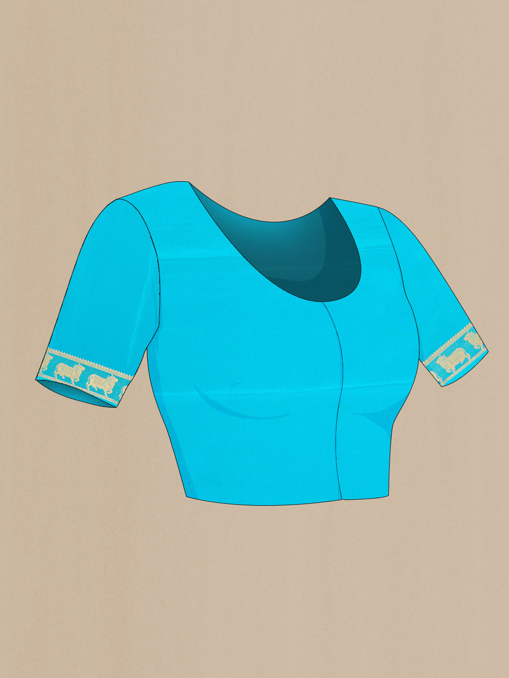 Close up image of the blouse of Sky Blue Mysore Silk Saree with Plain Body and Fancy Border. 