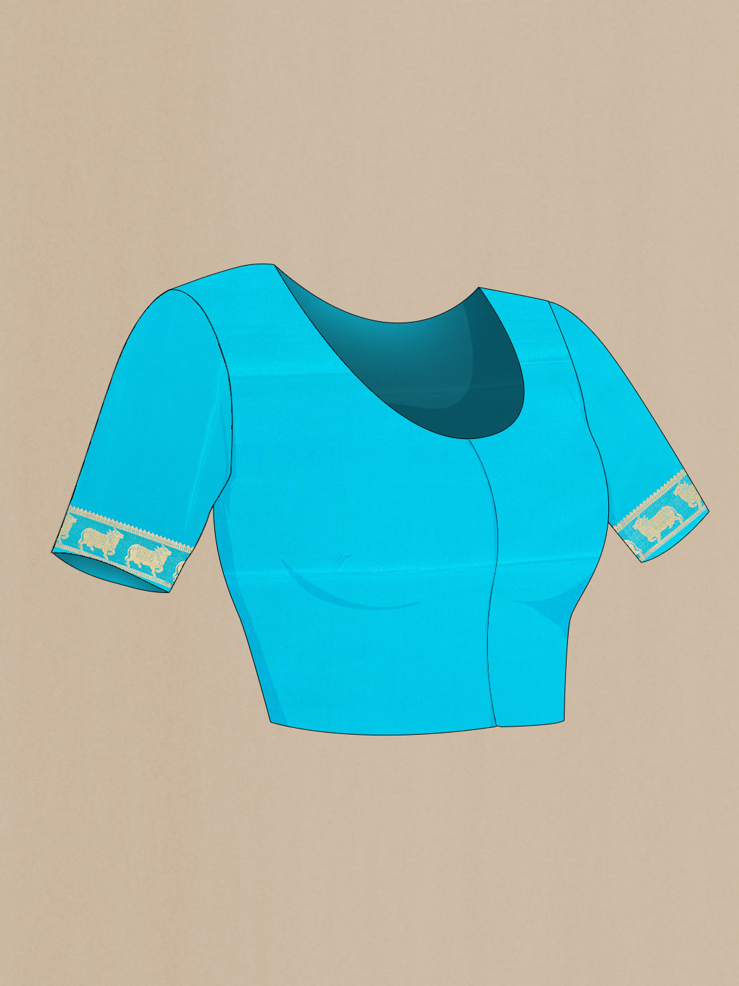 Close up image of the blouse of Sky Blue Mysore Silk Saree with Plain Body and Fancy Border. 