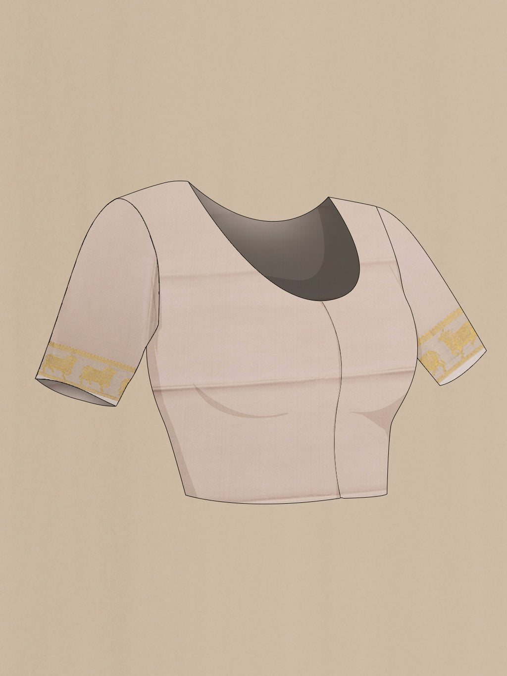 Close up image of the blouse of Beige Mysore Silk Saree with Plain Body and Fancy Border. 