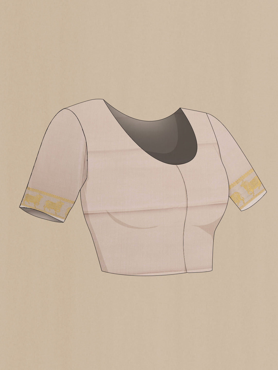 Close up image of the blouse of Beige Mysore Silk Saree with Plain Body and Fancy Border. 