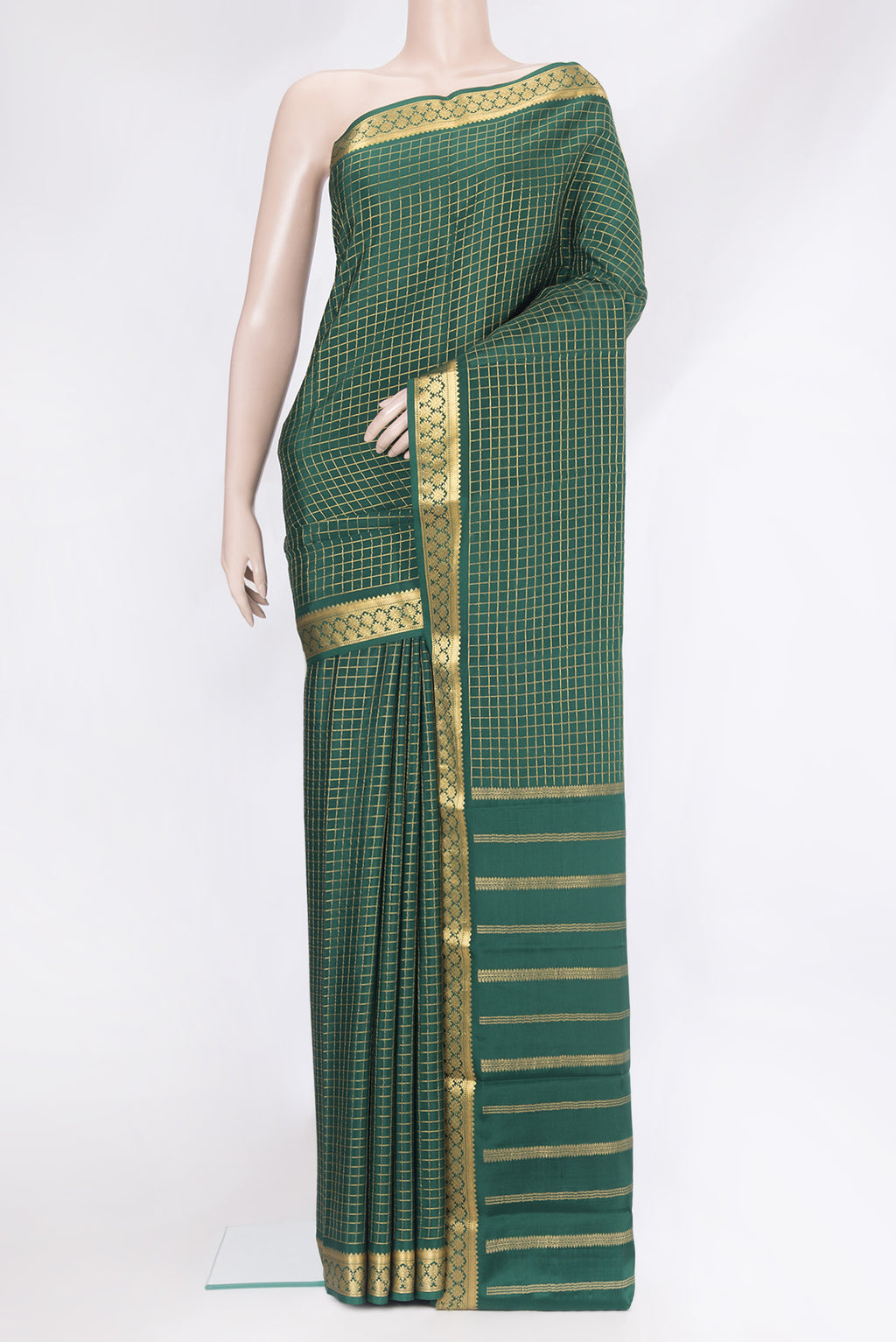 Bottle Green Mysore Silk Saree with Checked design on the body and Zari Border.  displayed on a mannequin
