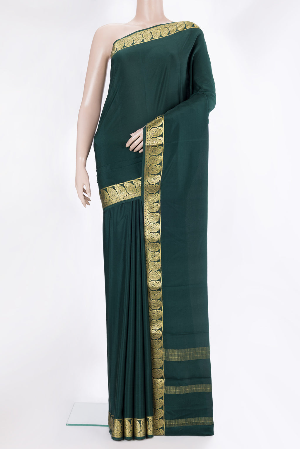 Bottle Green Mysore Crepe Saree with Plain Body and Zari Border.  displayed on a mannequin