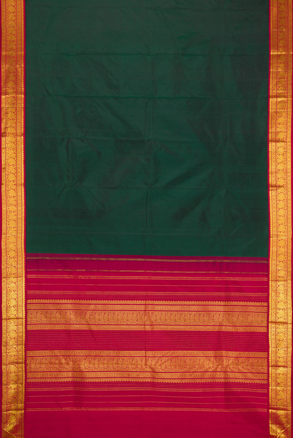 Flat view of Bottle Green Kanjivaram Silk Saree with Plain Body and Zari Border. 