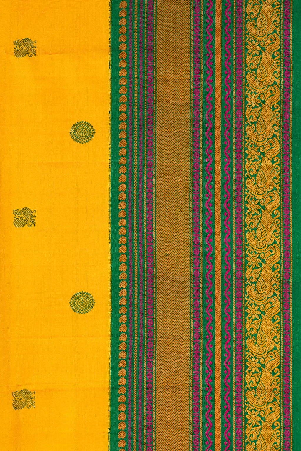 Border image of Yellow Dual Tone Kanjivaram Silk Saree with Thread Butta on the body and Fancy Border. 