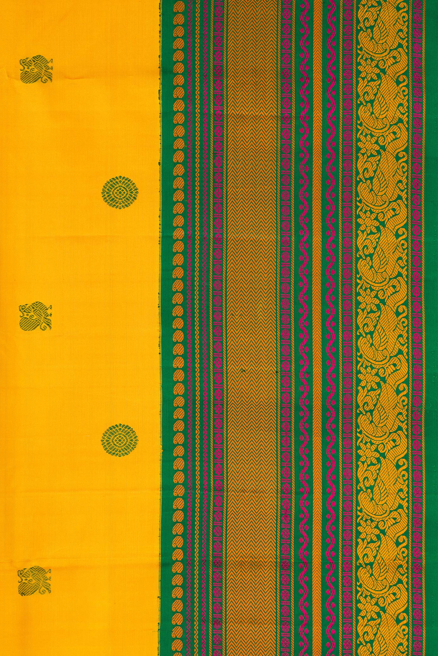Border image of Yellow Dual Tone Kanjivaram Silk Saree with Thread Butta on the body and Fancy Border. 