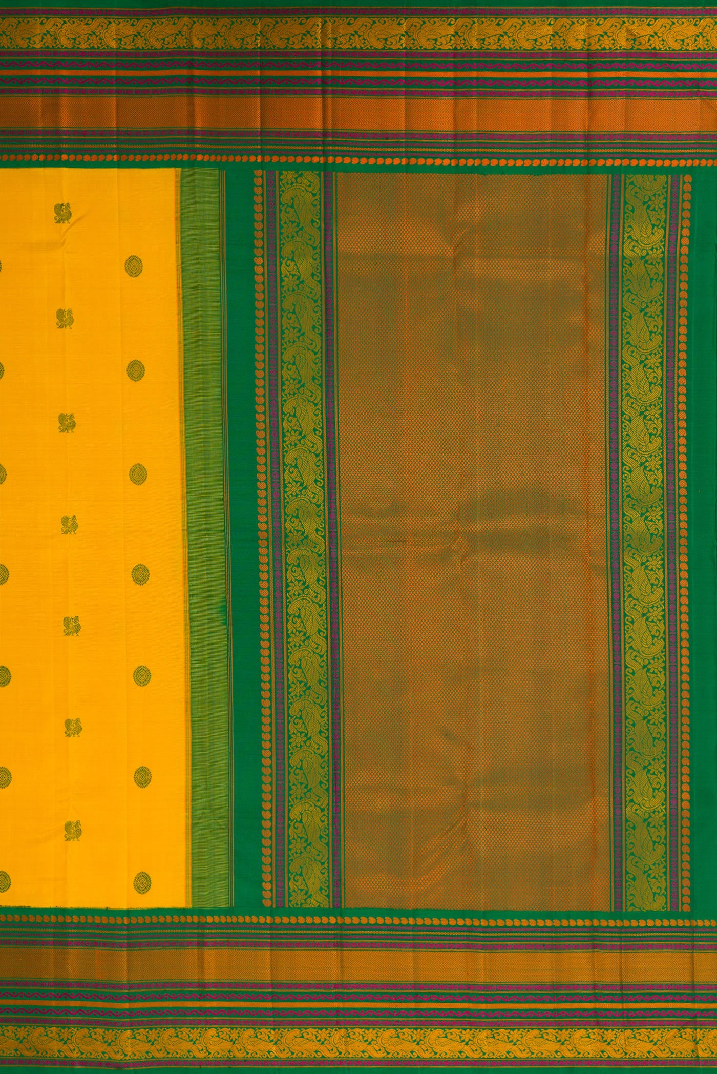 Close up image of the pallu of Yellow Dual Tone Kanjivaram Silk Saree with Thread Butta on the body and Fancy Border. 