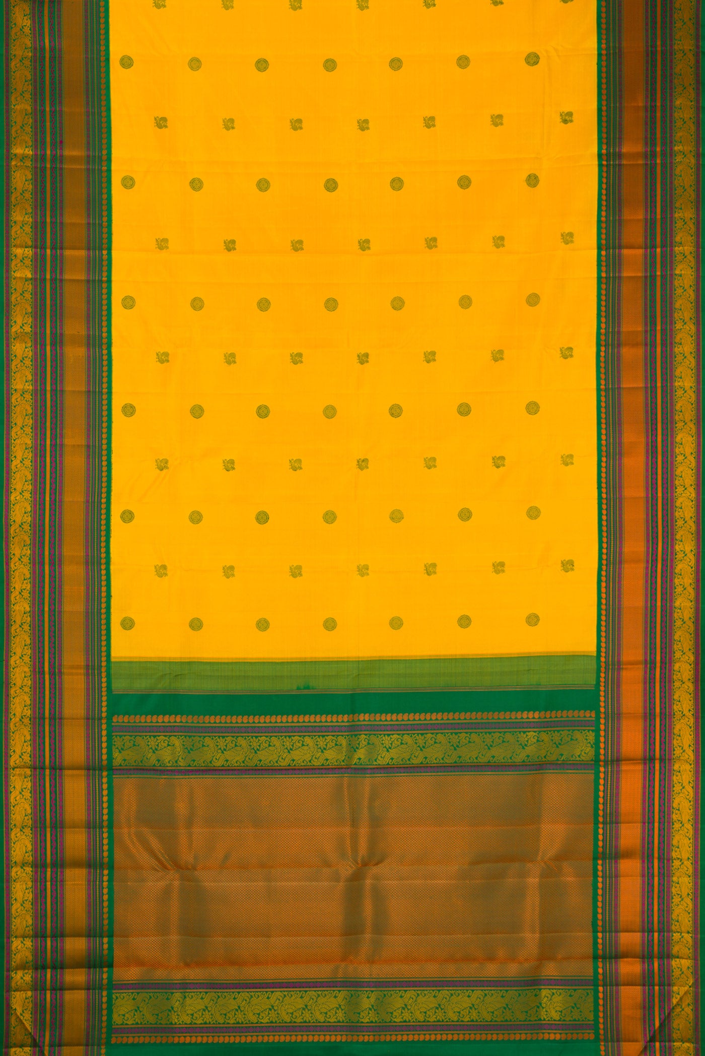 Flat view of Yellow Dual Tone Kanjivaram Silk Saree with Thread Butta on the body and Fancy Border. 
