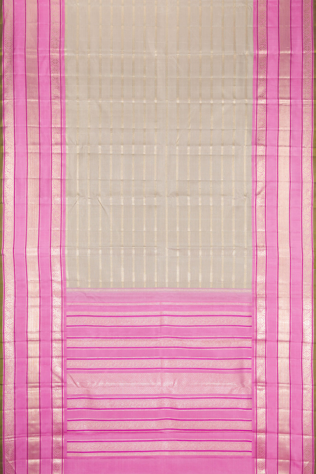 Flat view of Grey Dual Tone Kanchipuram Silk Saree with Zari Brocade on the body and Zari Border. 