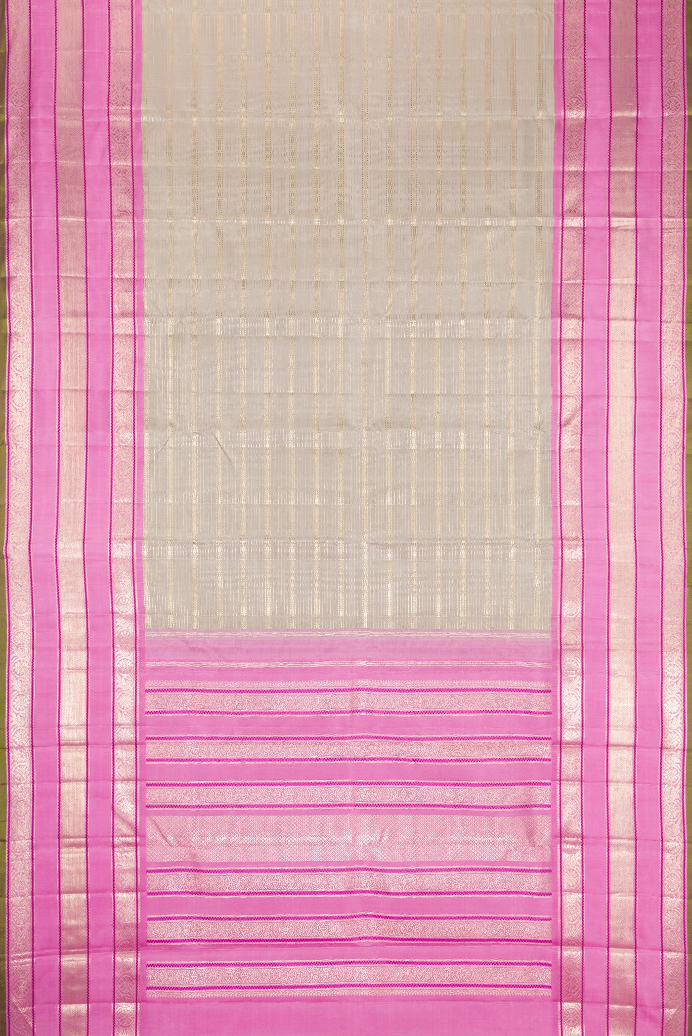 Flat view of Grey Dual Tone Kanchipuram Silk Saree with Zari Brocade on the body and Zari Border. 