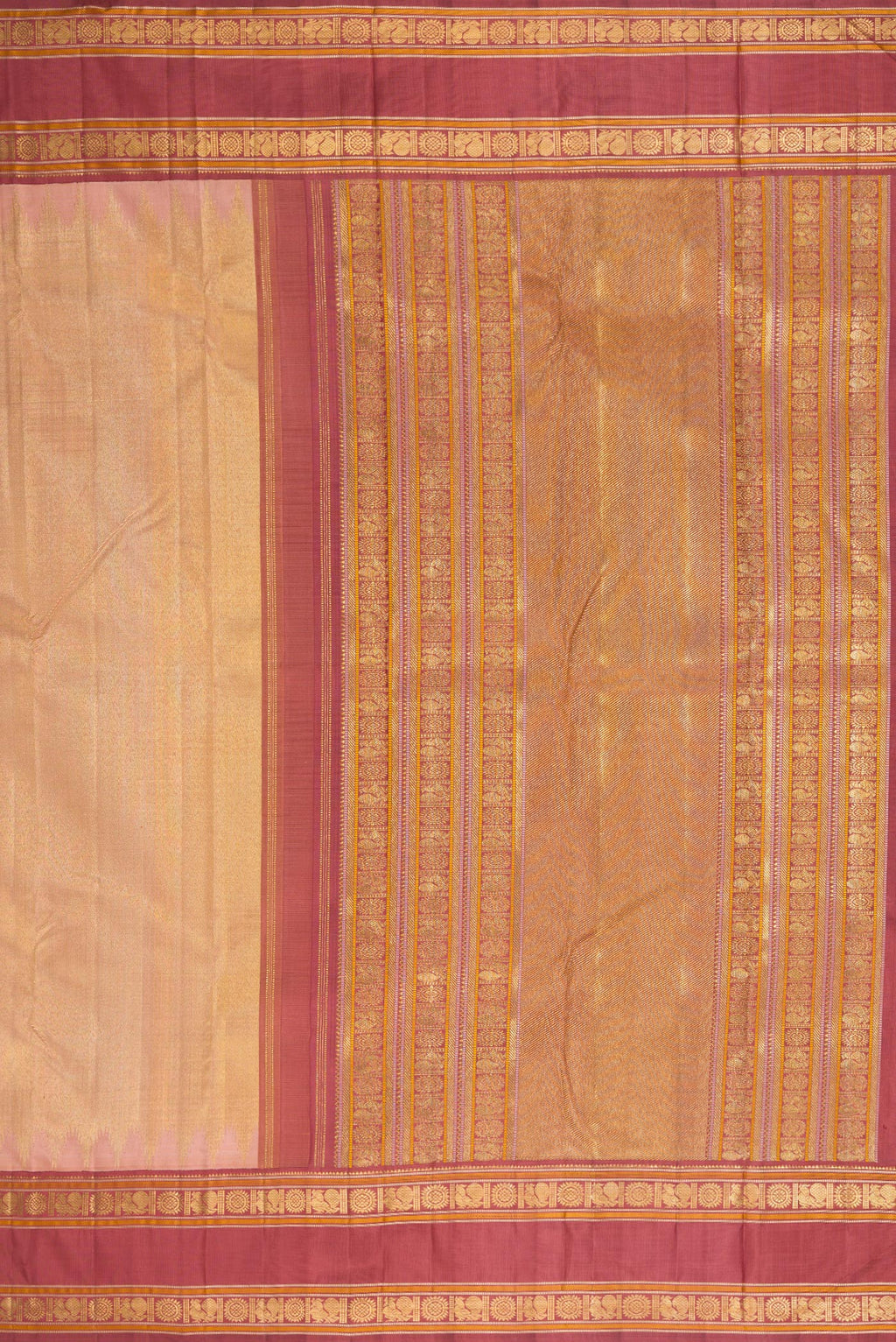 Close up image of the pallu of Pure Silk Pure Zari Sandal Dual Tone Kanchipuram Saree with Zari Brocade on the body and Zari Border. 