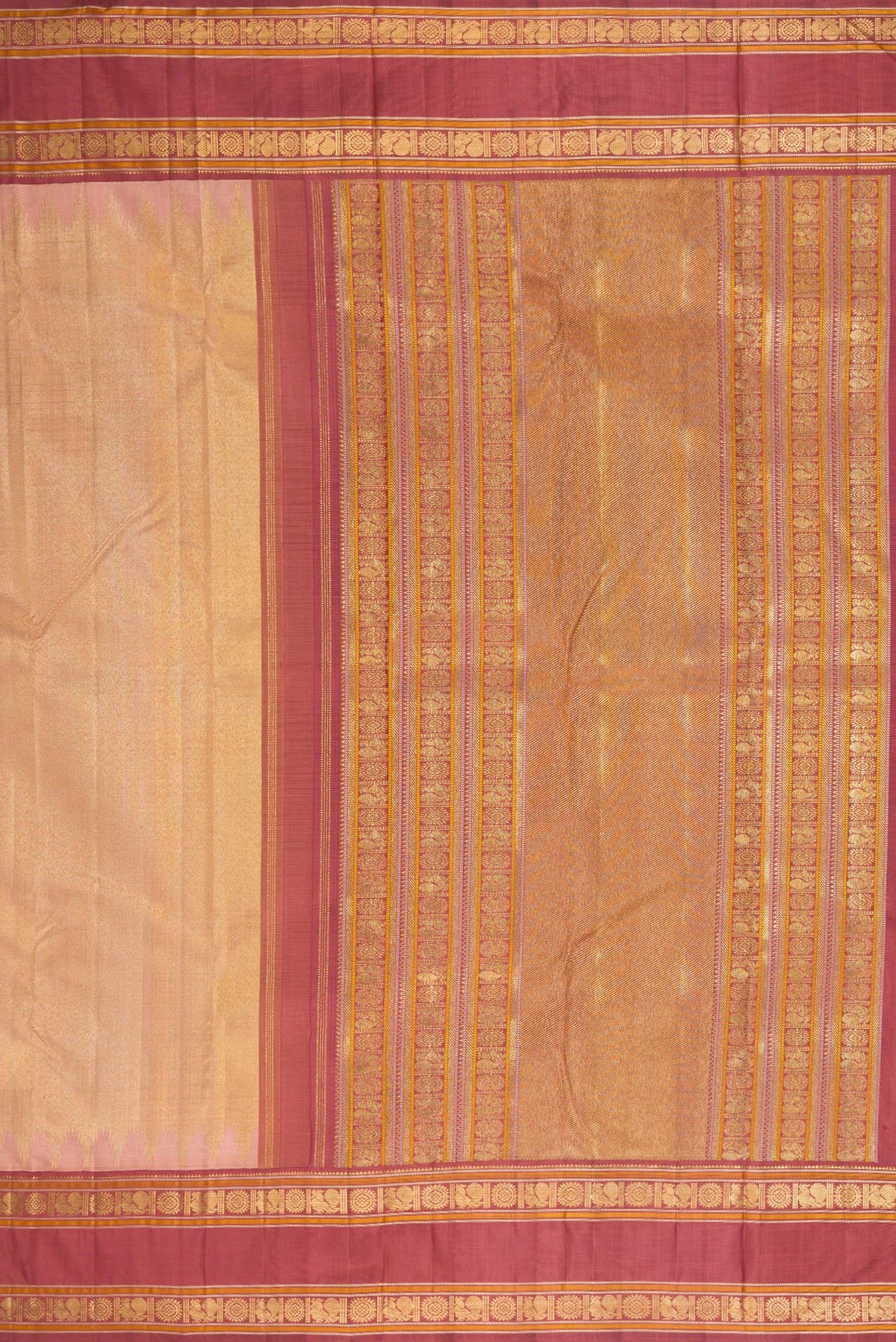 Close up image of the pallu of Pure Silk Pure Zari Sandal Dual Tone Kanchipuram Saree with Zari Brocade on the body and Zari Border. 
