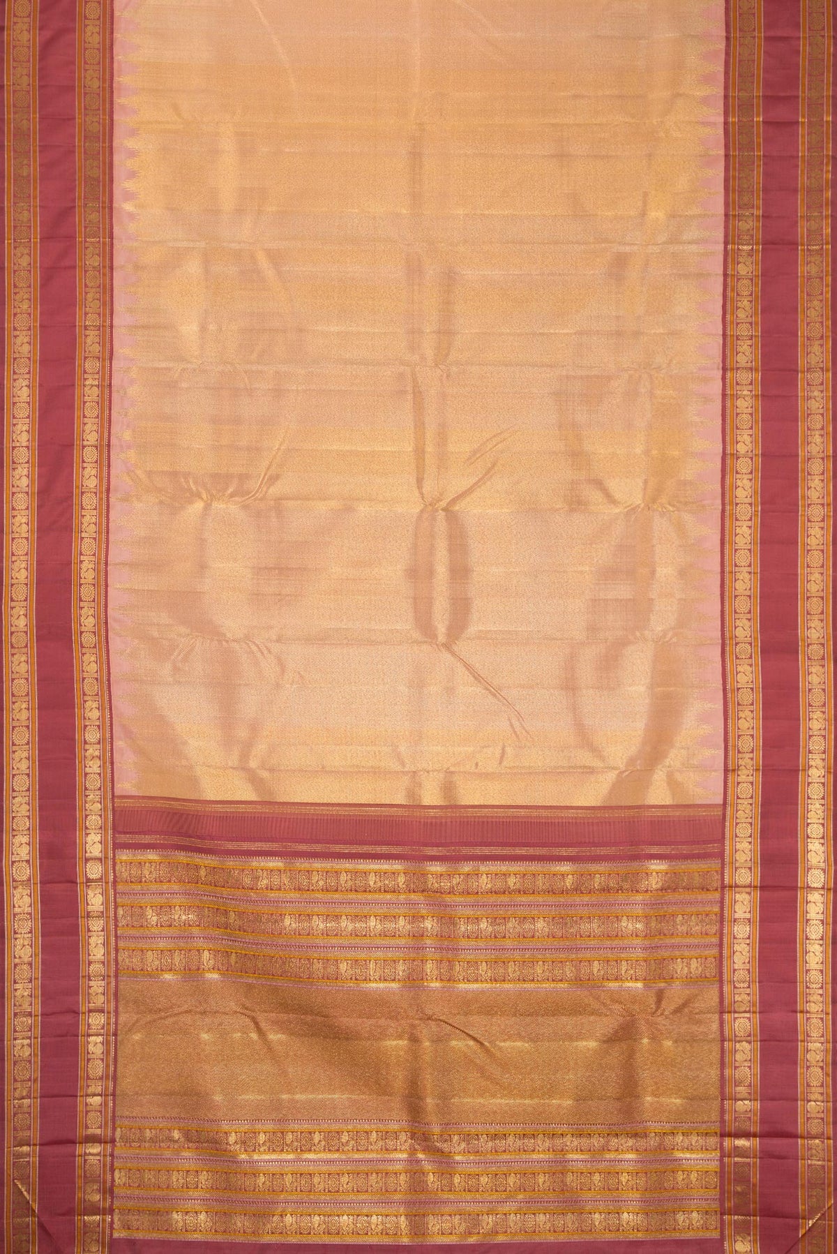 Flat view of Pure Silk Pure Zari Sandal Dual Tone Kanchipuram Saree with Zari Brocade on the body and Zari Border. 