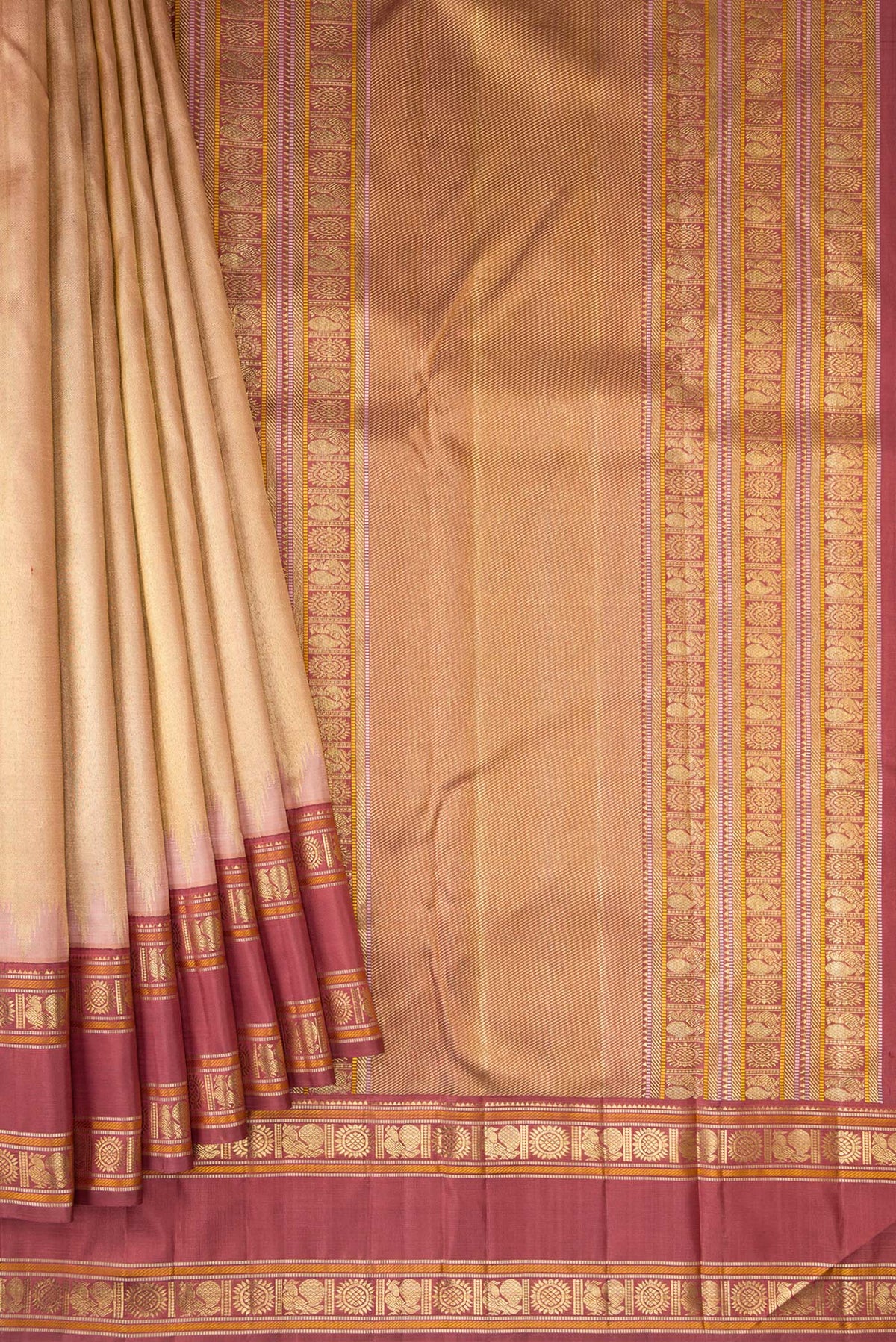 Pleats and pallu of Pure Silk Pure Zari Sandal Dual Tone Kanchipuram Saree with Zari Brocade on the body and Zari Border. 
