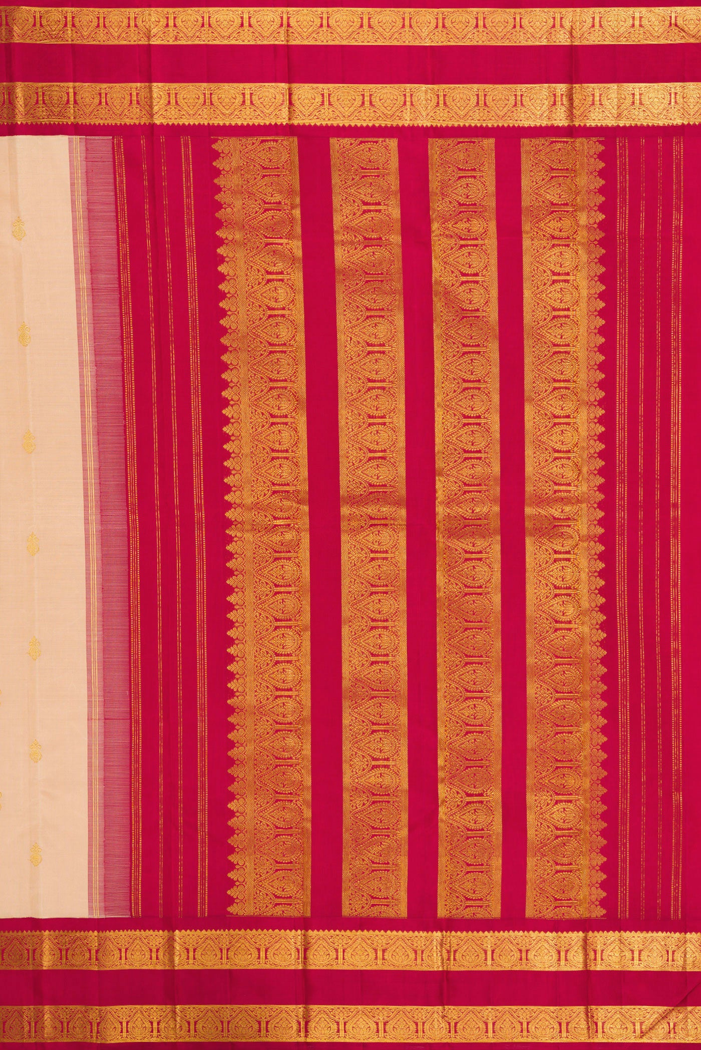 Close up image of the pallu of Sandal Kanjivaram Silk Saree with Zari Butta on the body and Zari Border. 