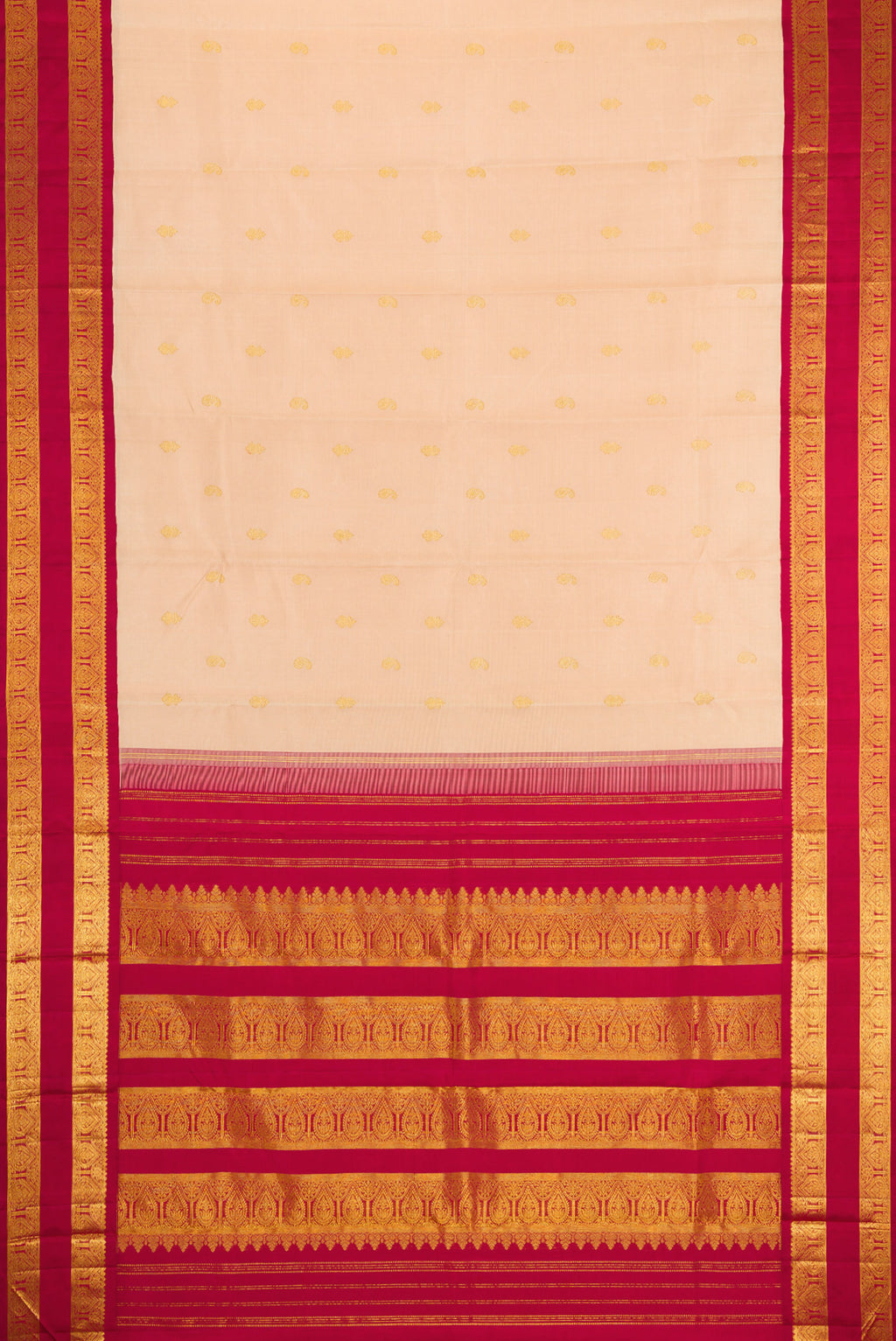 Flat view of Sandal Kanjivaram Silk Saree with Zari Butta on the body and Zari Border. 