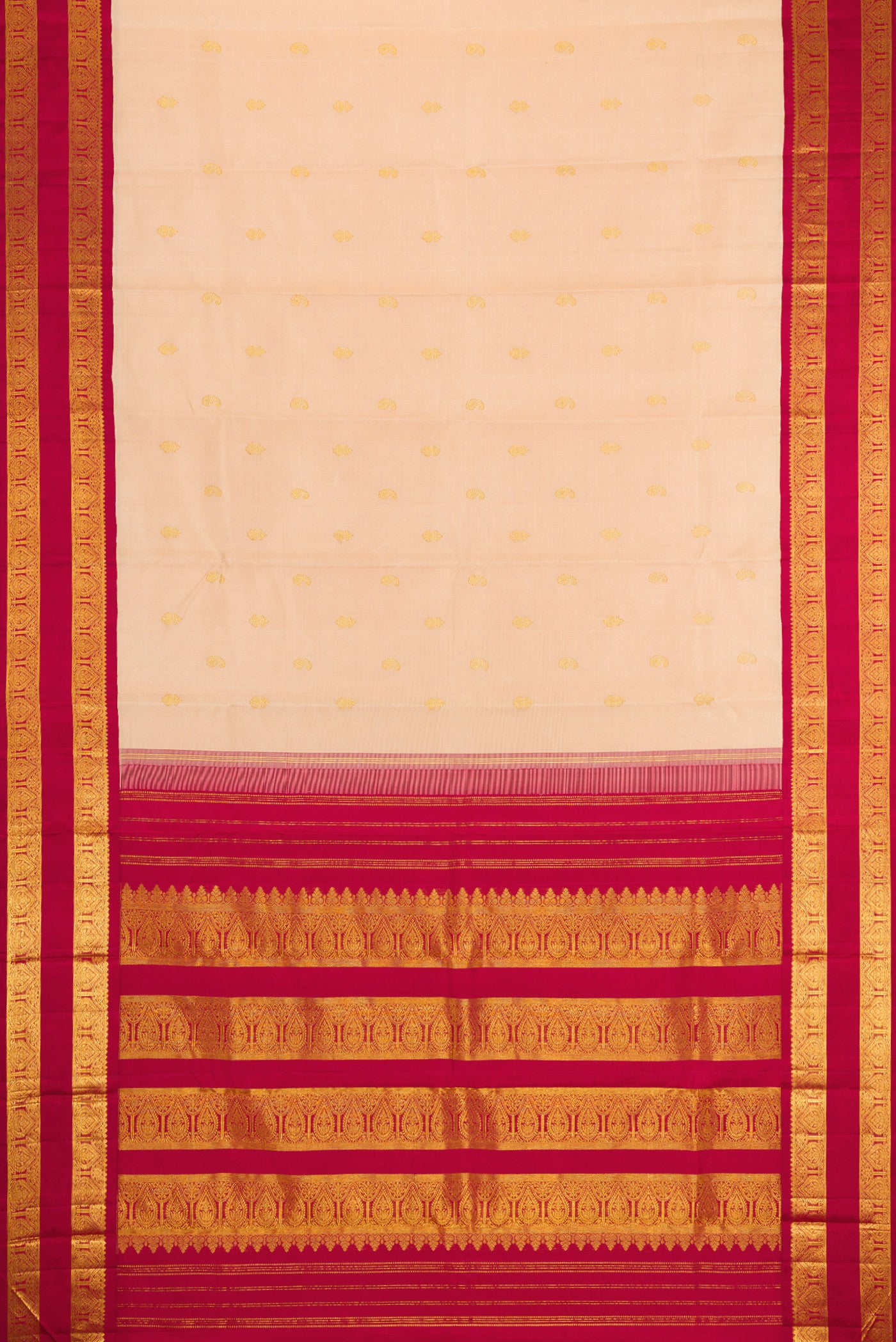 Flat view of Sandal Kanjivaram Silk Saree with Zari Butta on the body and Zari Border. 