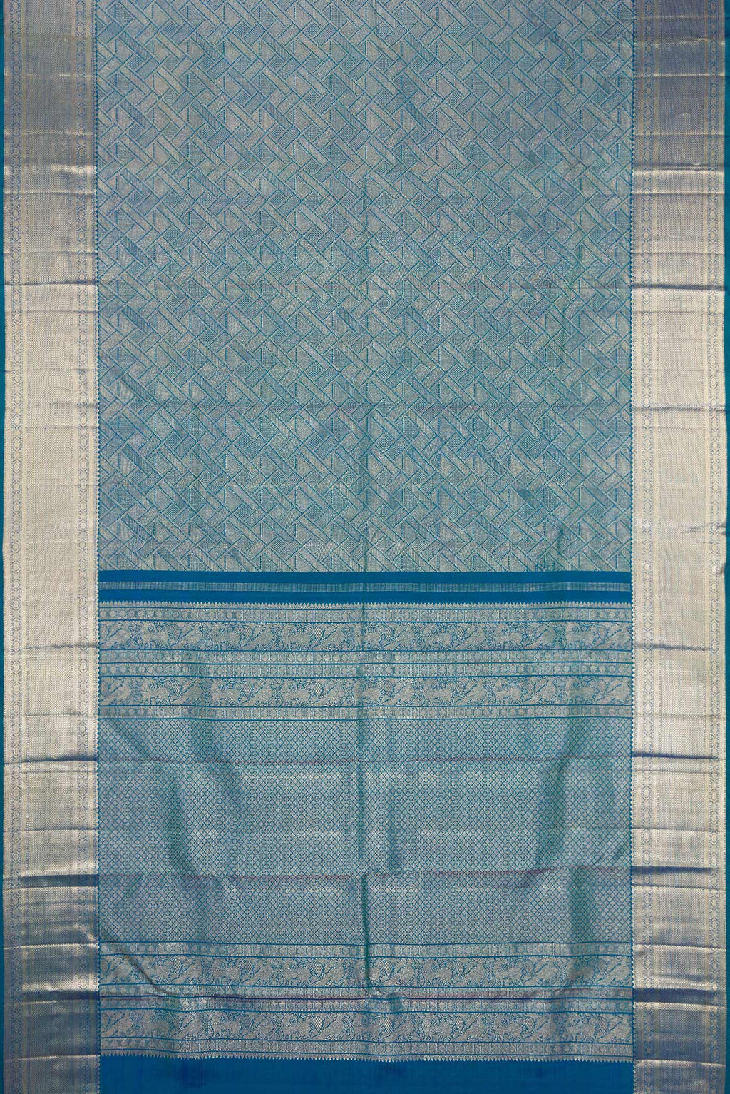Flat view of Peacock Blue Kanchipuram Silk Saree with Zari Brocade on the body and Fancy Border. 