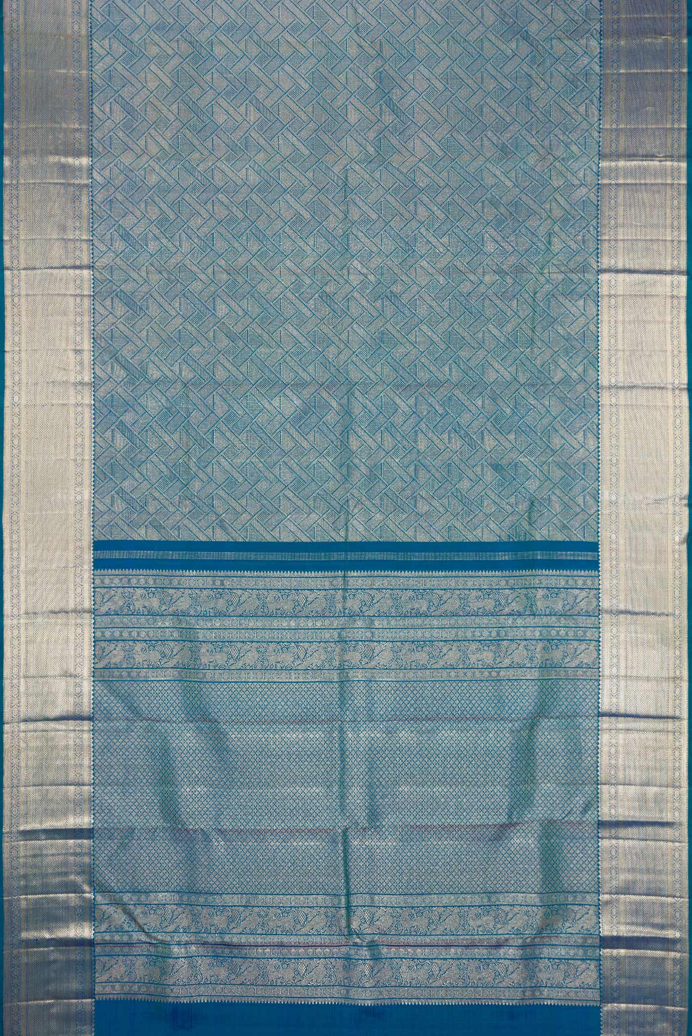 Flat view of Peacock Blue Kanchipuram Silk Saree with Zari Brocade on the body and Fancy Border. 