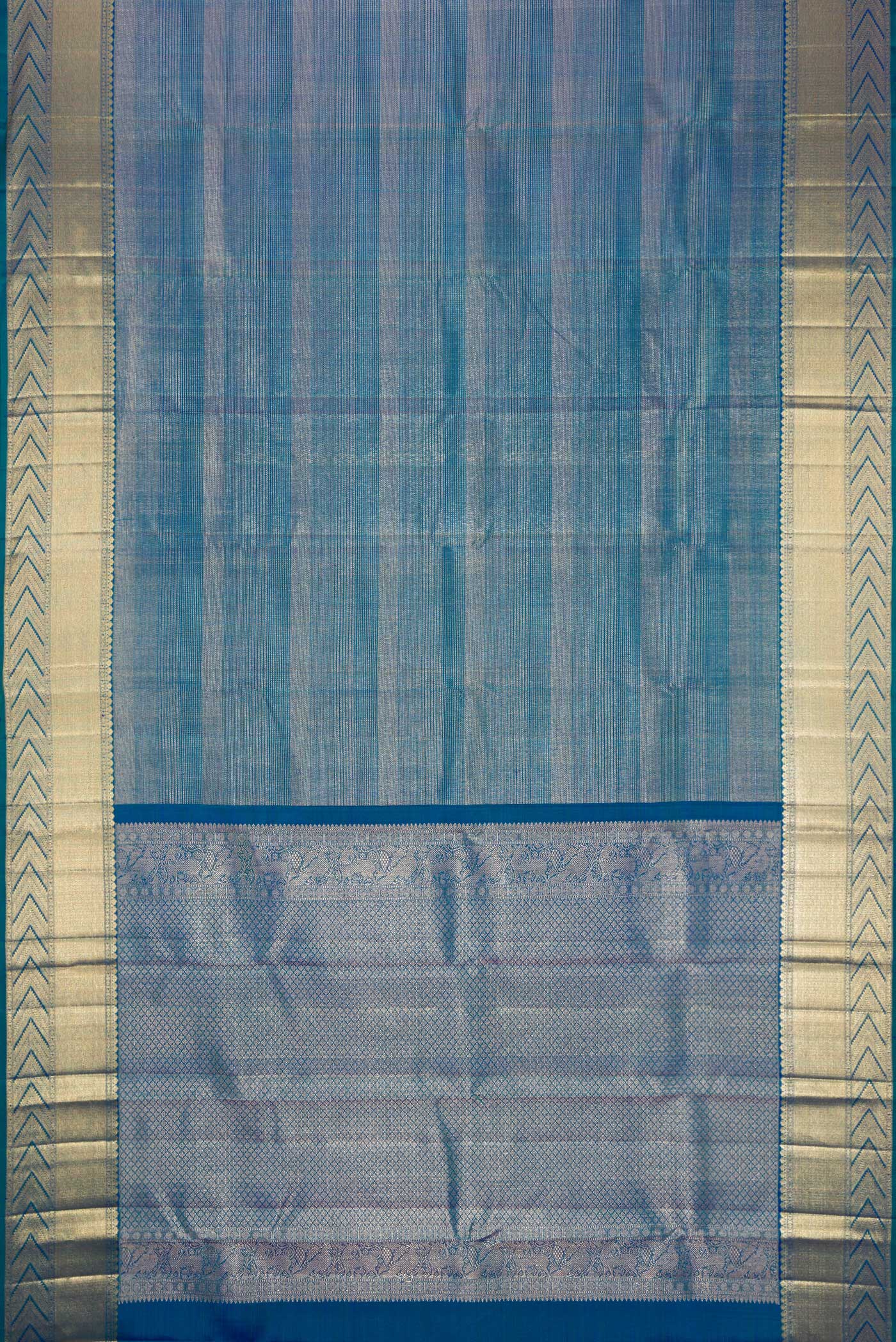 Flat view of Peacock Blue Dual Tone Kanchipuram Silk Saree with Zari Brocade on the body and Zari Border. 