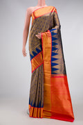 Peacock Blue Kanjivaram Silk Saree with Zari Brocade on the body and Zari Border.  displayed on a mannequin