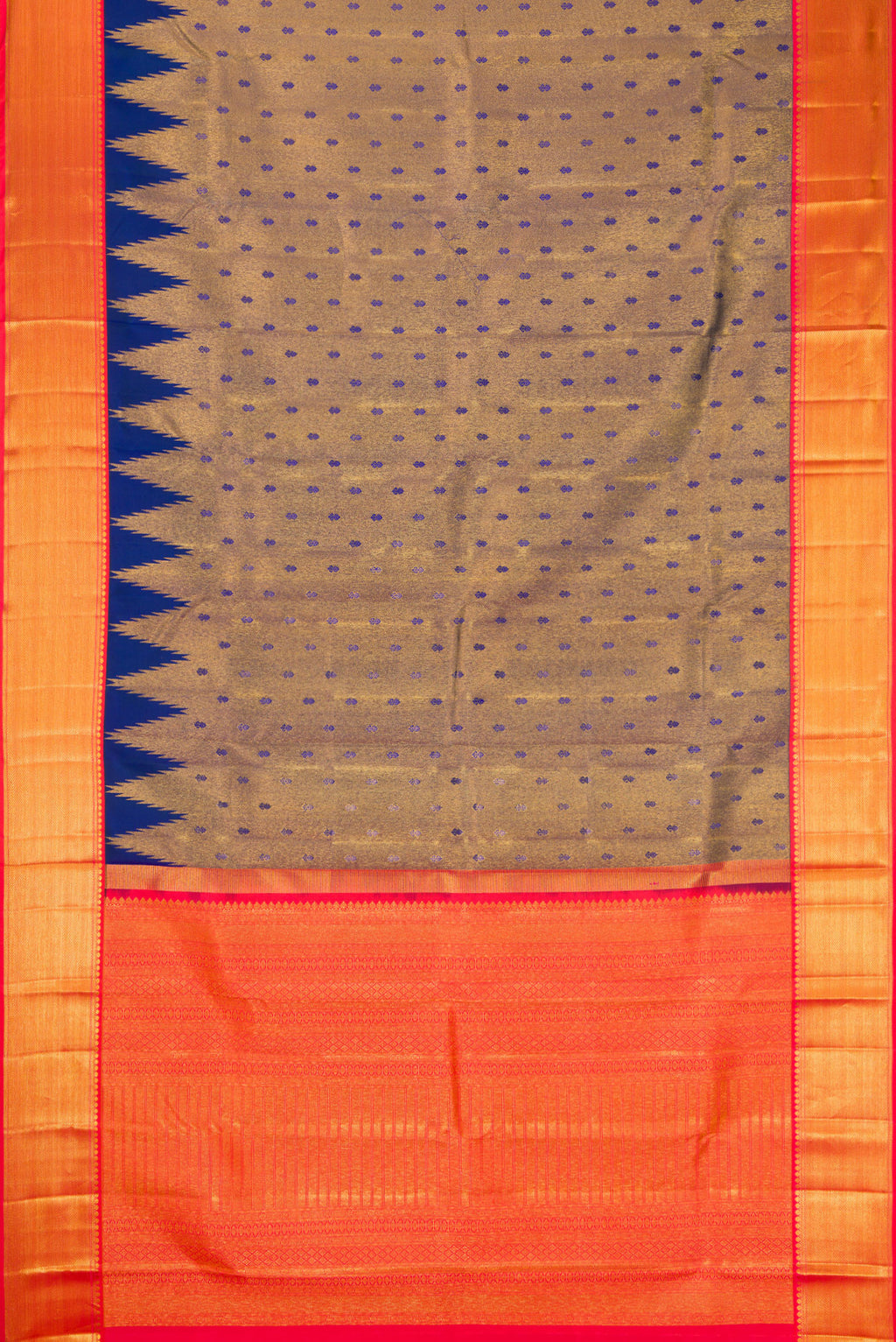 Flat view of Peacock Blue Kanjivaram Silk Saree with Zari Brocade on the body and Zari Border. 