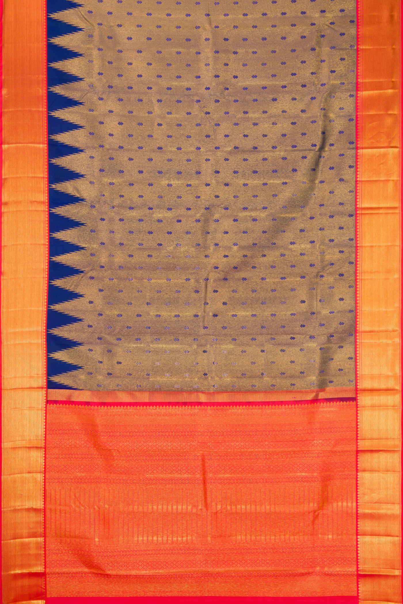 Flat view of Peacock Blue Kanjivaram Silk Saree with Zari Brocade on the body and Zari Border. 