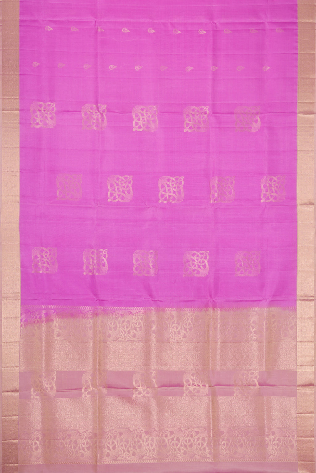 Flat view of Lavender Dual Tone Soft Silk Saree with Zari Butta on the body and Zari Border. 