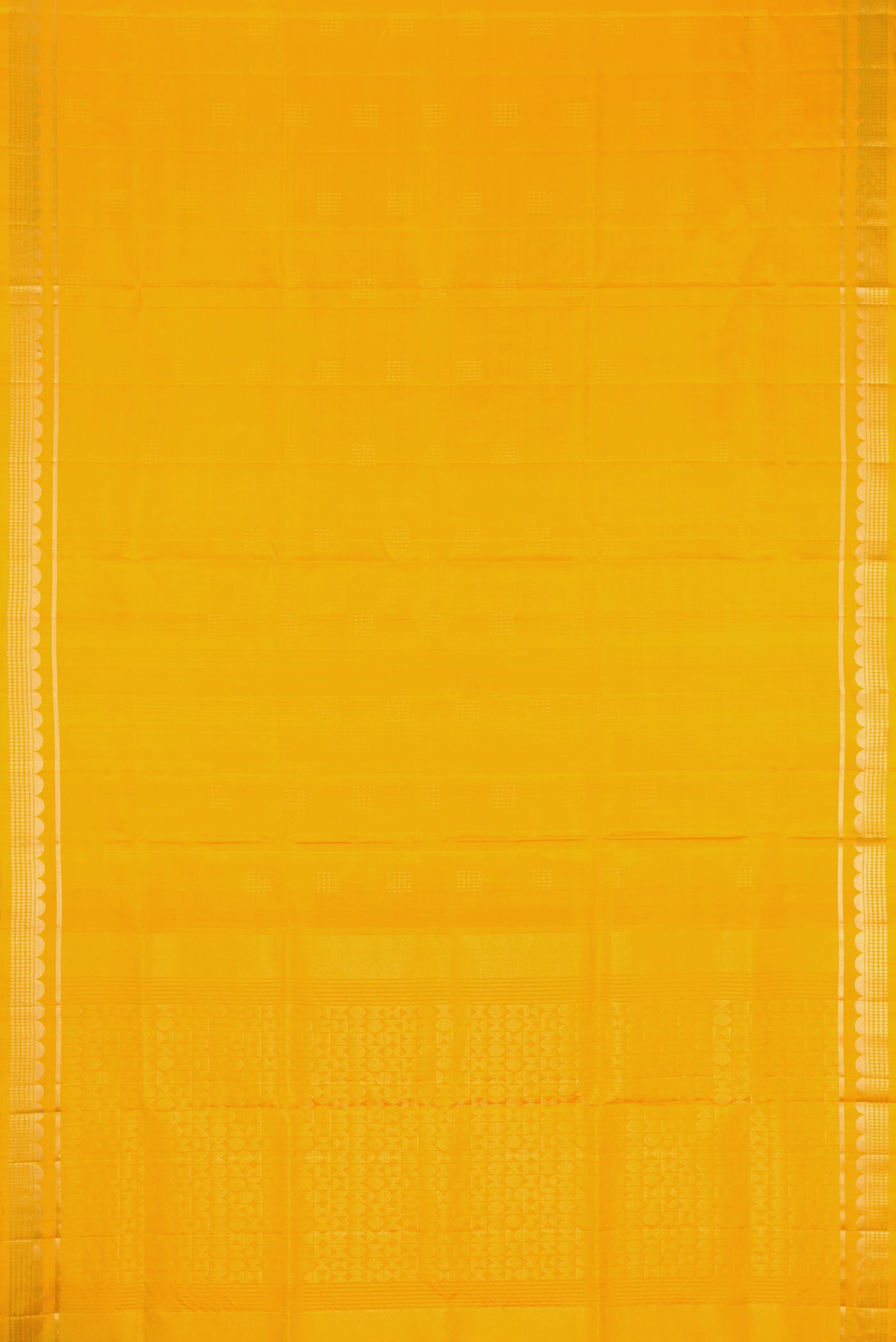 Flat view of Mustard Dual Tone Soft Silk Saree with Zari Butta on the body and Zari Border. 