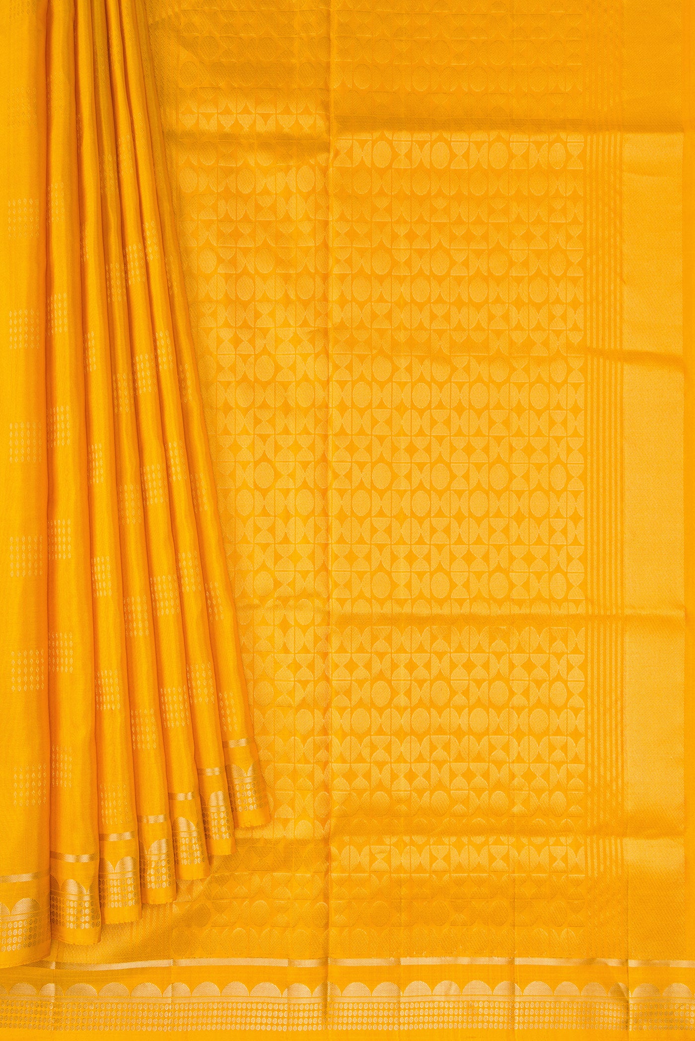 Pleats and pallu of Mustard Dual Tone Soft Silk Saree with Zari Butta on the body and Zari Border. 