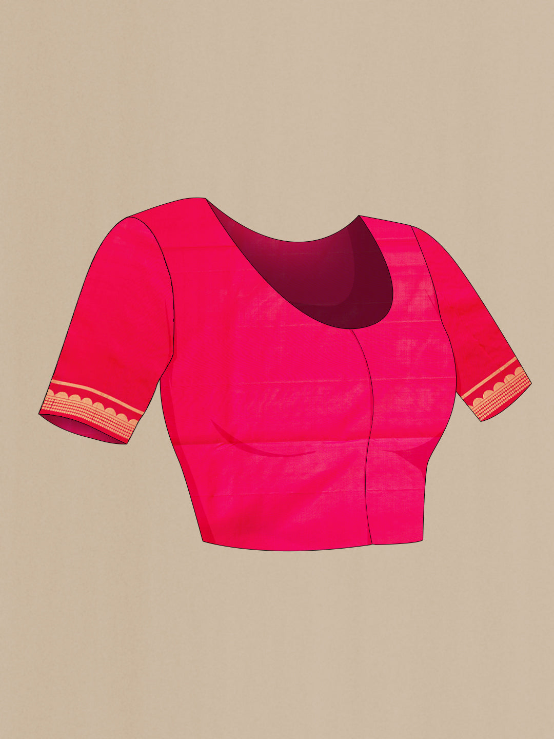 Close up image of the blouse of Coral Dual Tone Soft Silk Saree with Zari Butta on the body and Zari Border. 