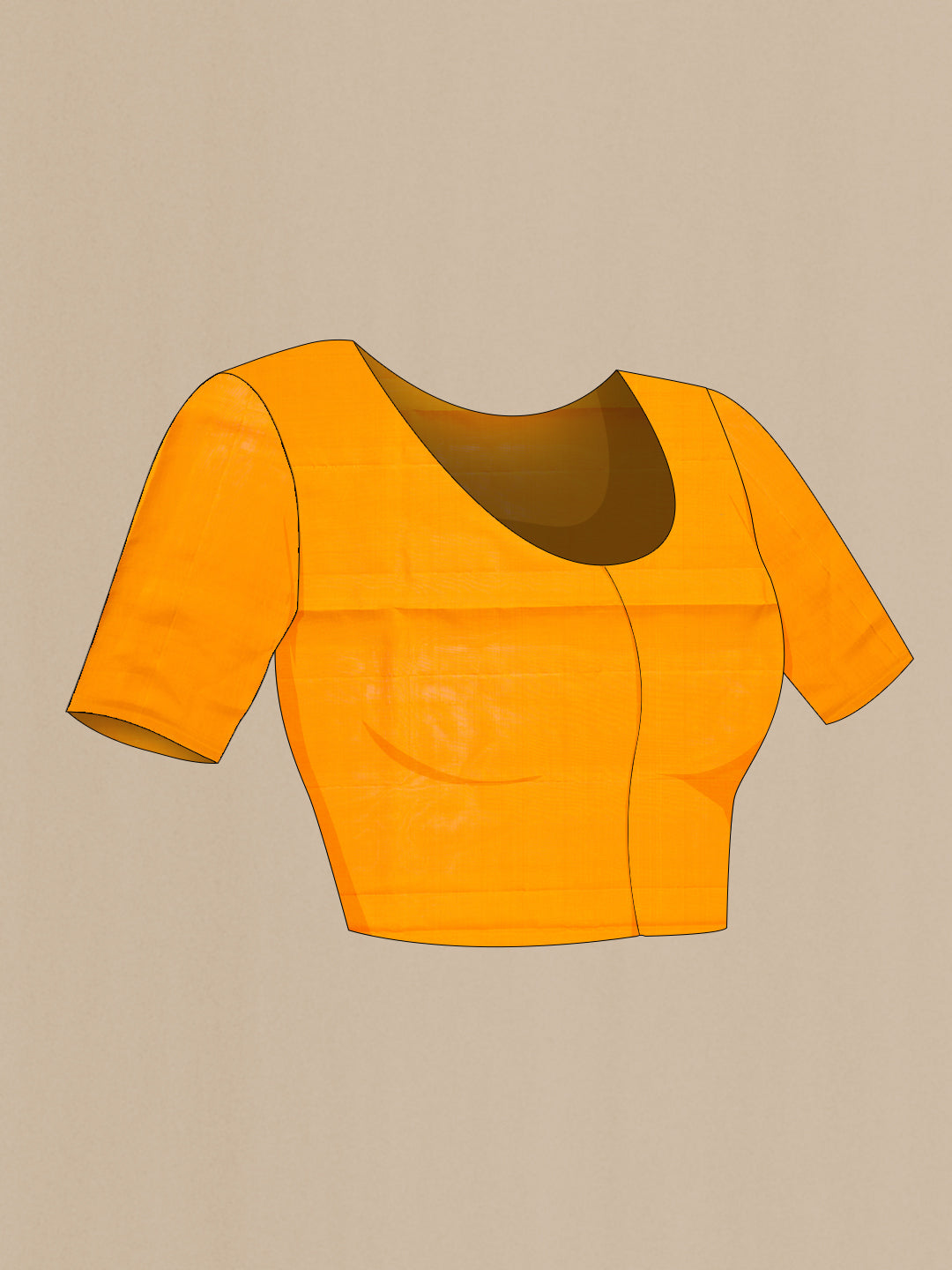 Close up image of the blouse of Mustard Dual Tone Soft Silk Saree with Zari Butta on the body and Without Border. 